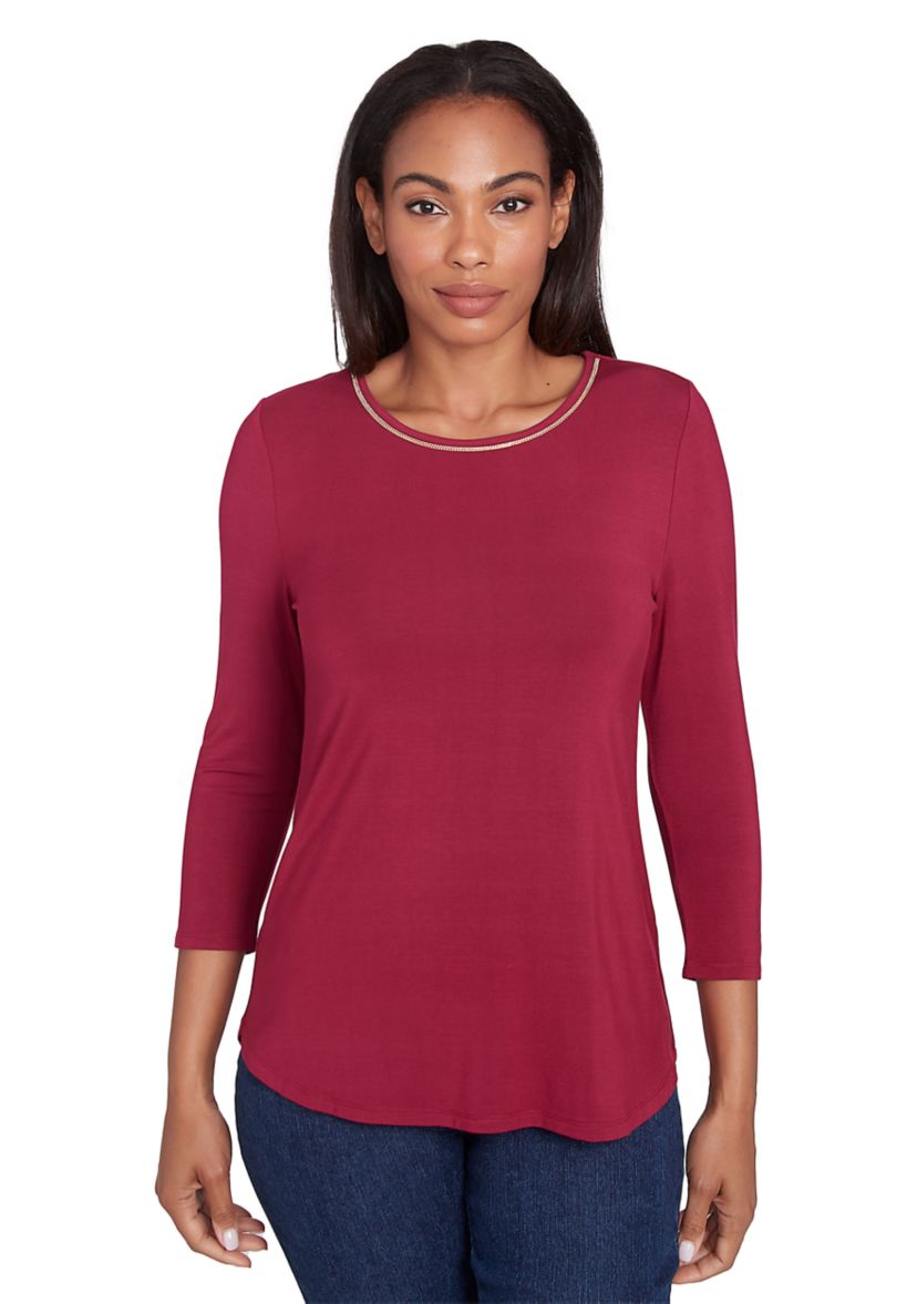 Womens Micro Bead Chain Embellished Stretch Knit Solid Top