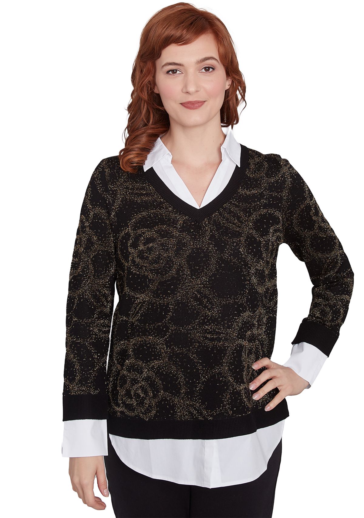 Floral Metallic Jacquard Sweater With Poplin Shirting 2Fer Top