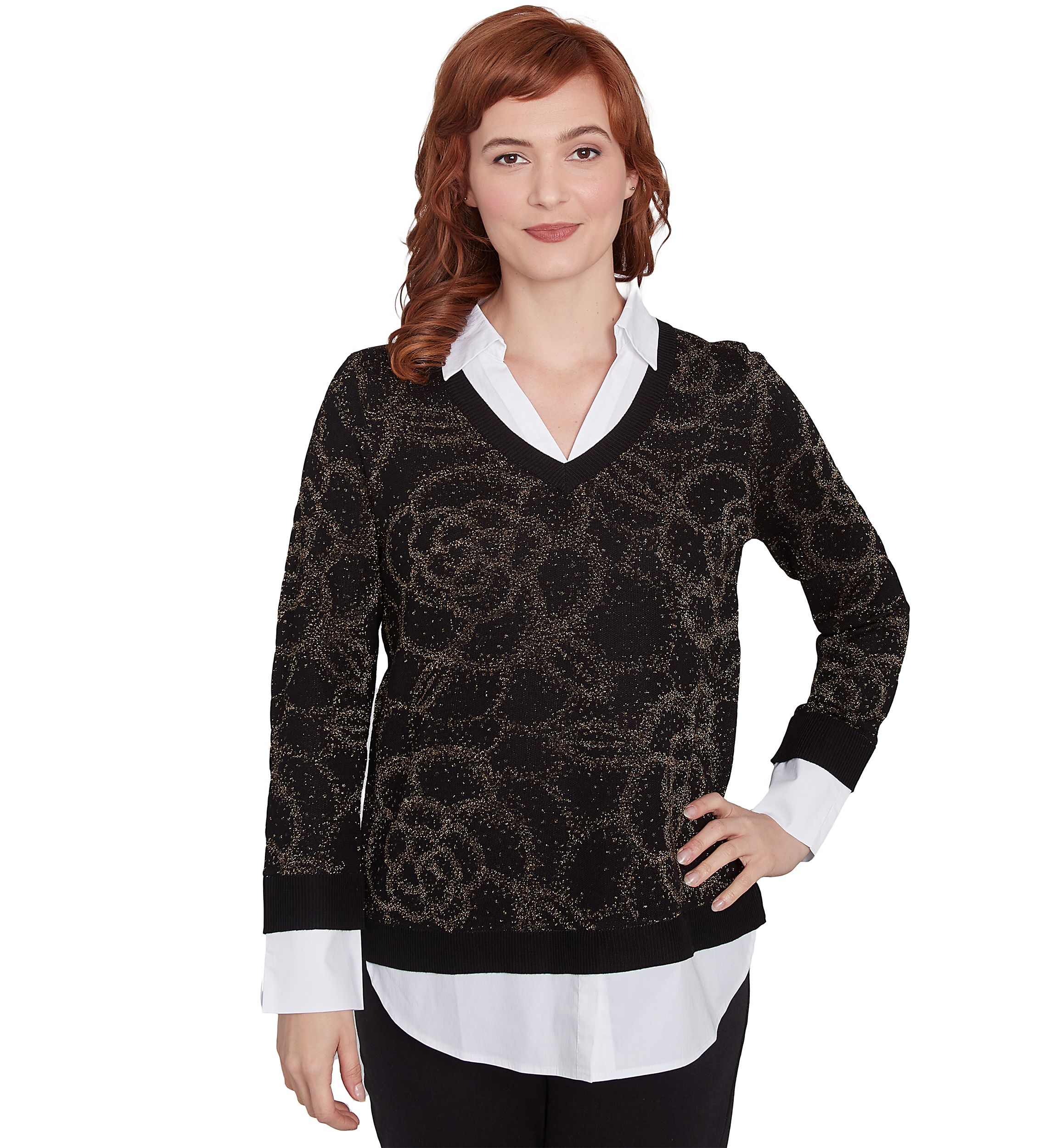 Floral Metallic Jacquard Sweater With Poplin Shirting 2Fer Top