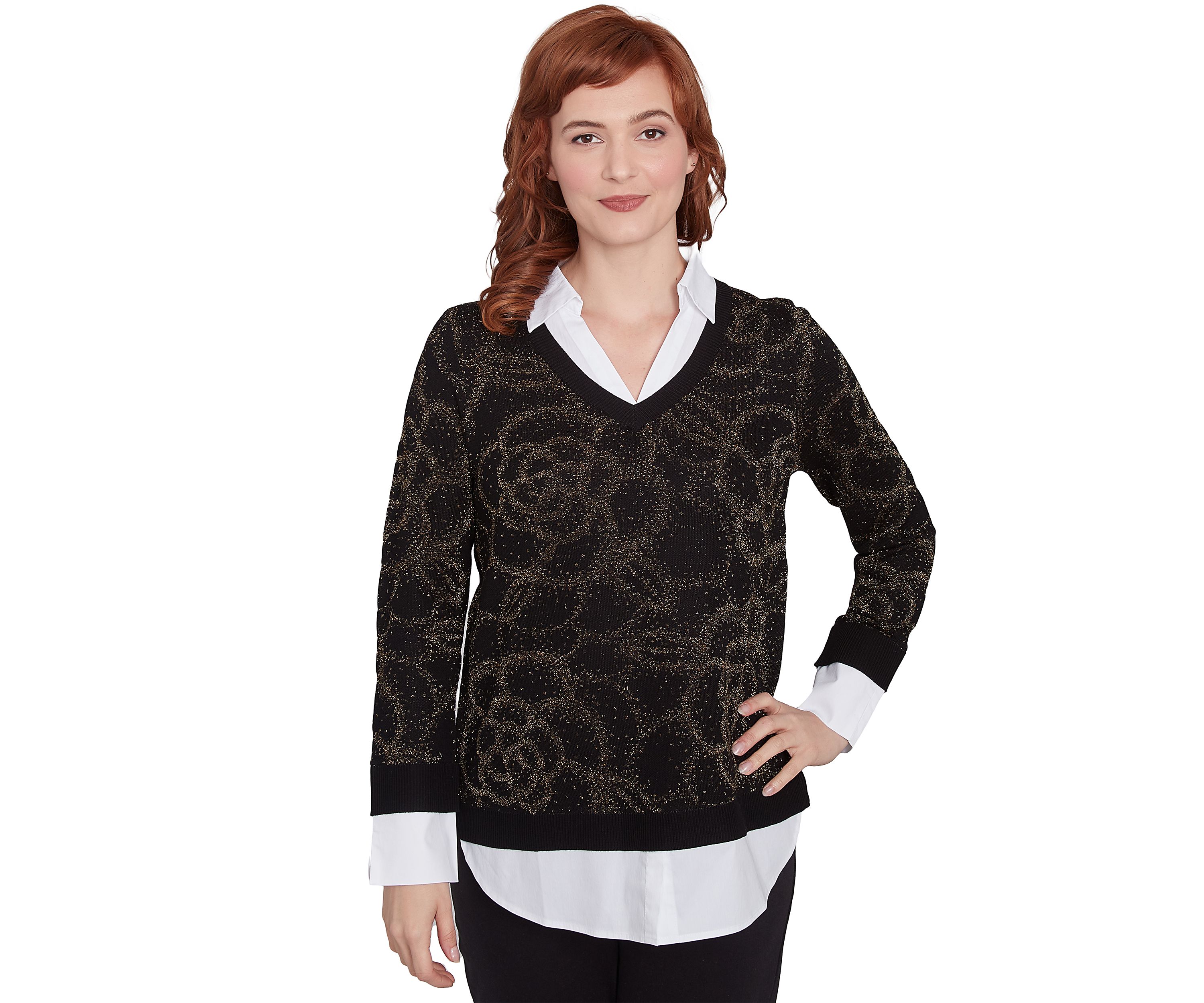 Floral Metallic Jacquard Sweater With Poplin Shirting 2Fer Top