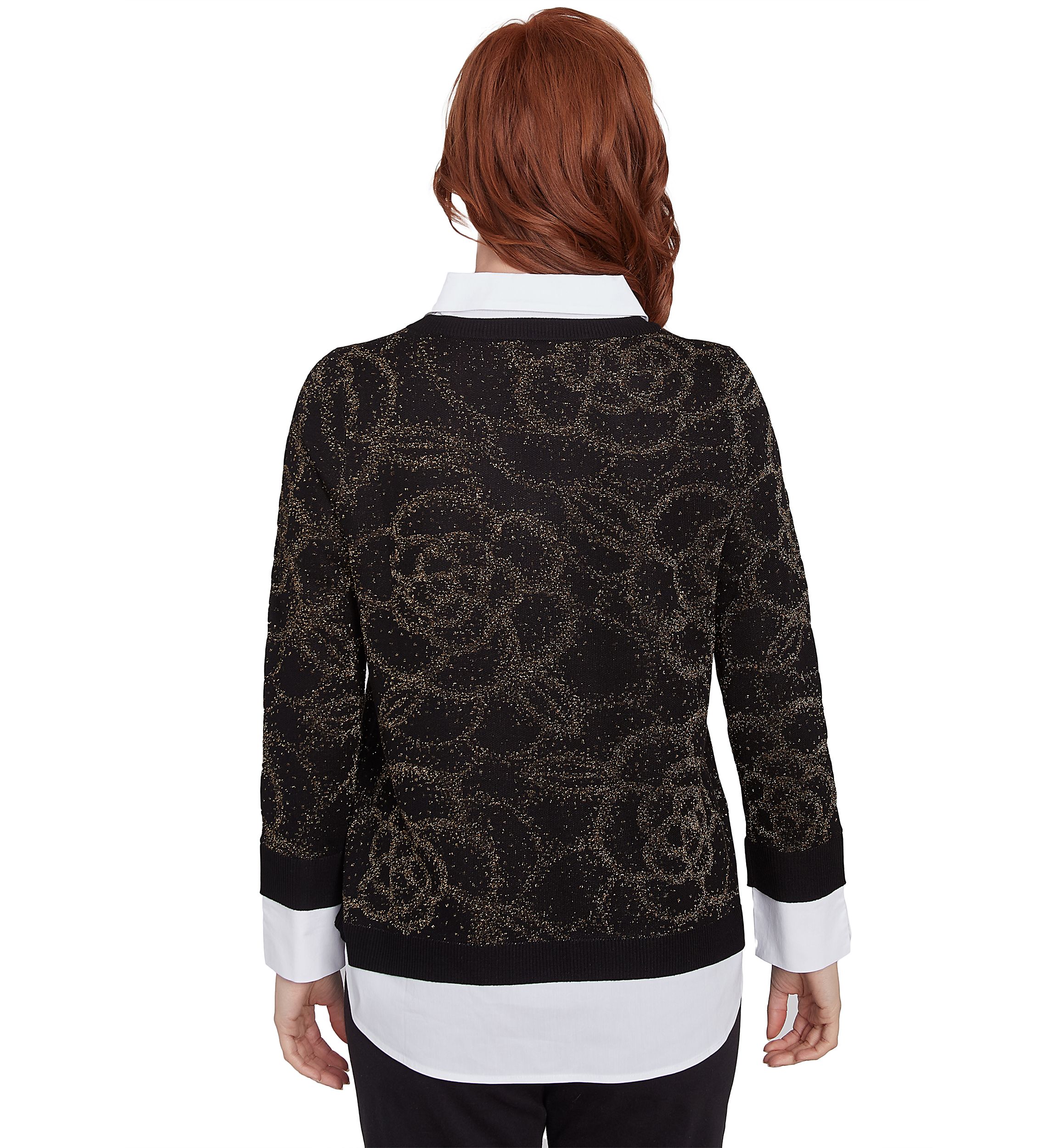 Floral Metallic Jacquard Sweater With Poplin Shirting 2Fer Top