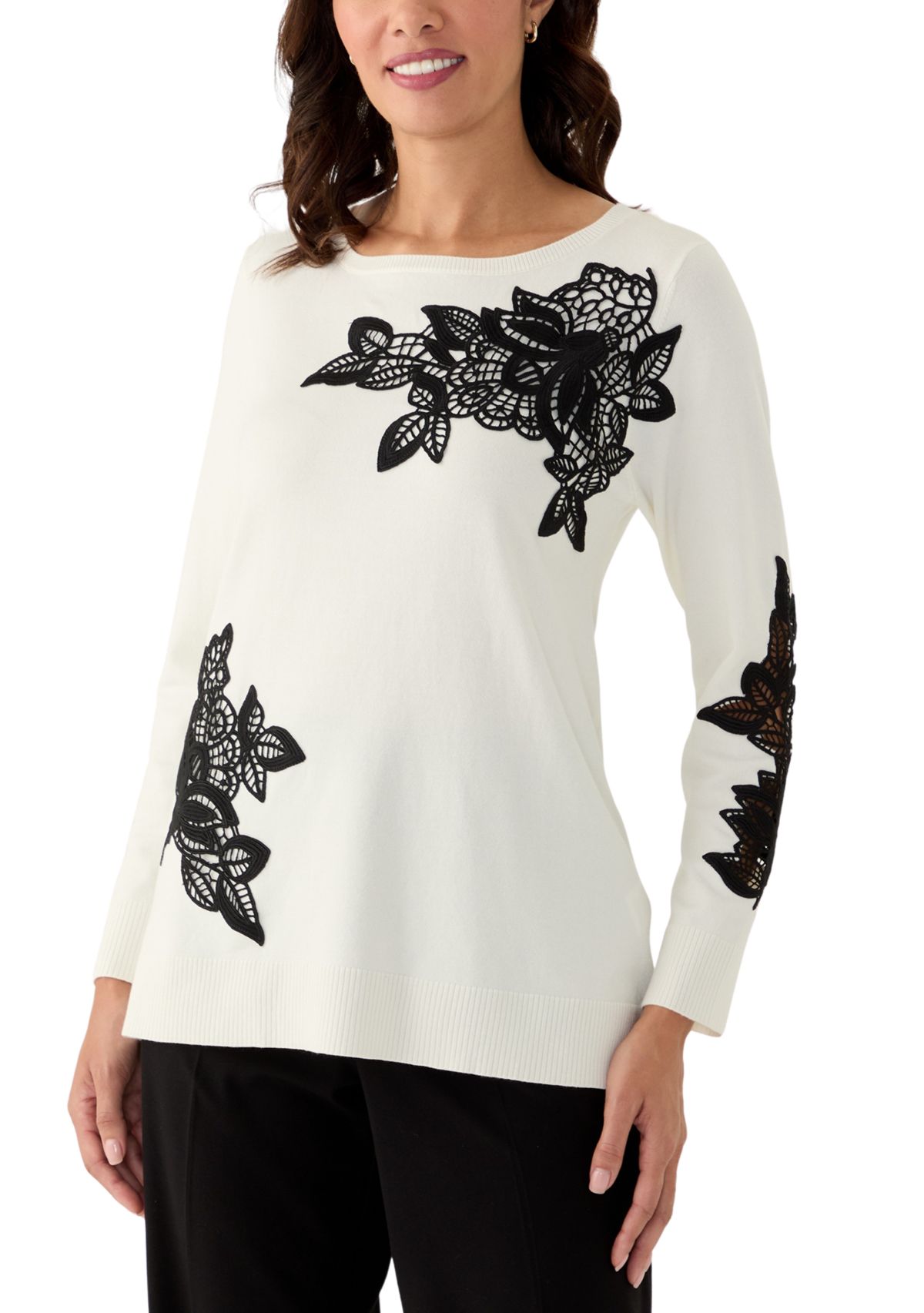 Womens Floral Lace Fine Gauge Sweater