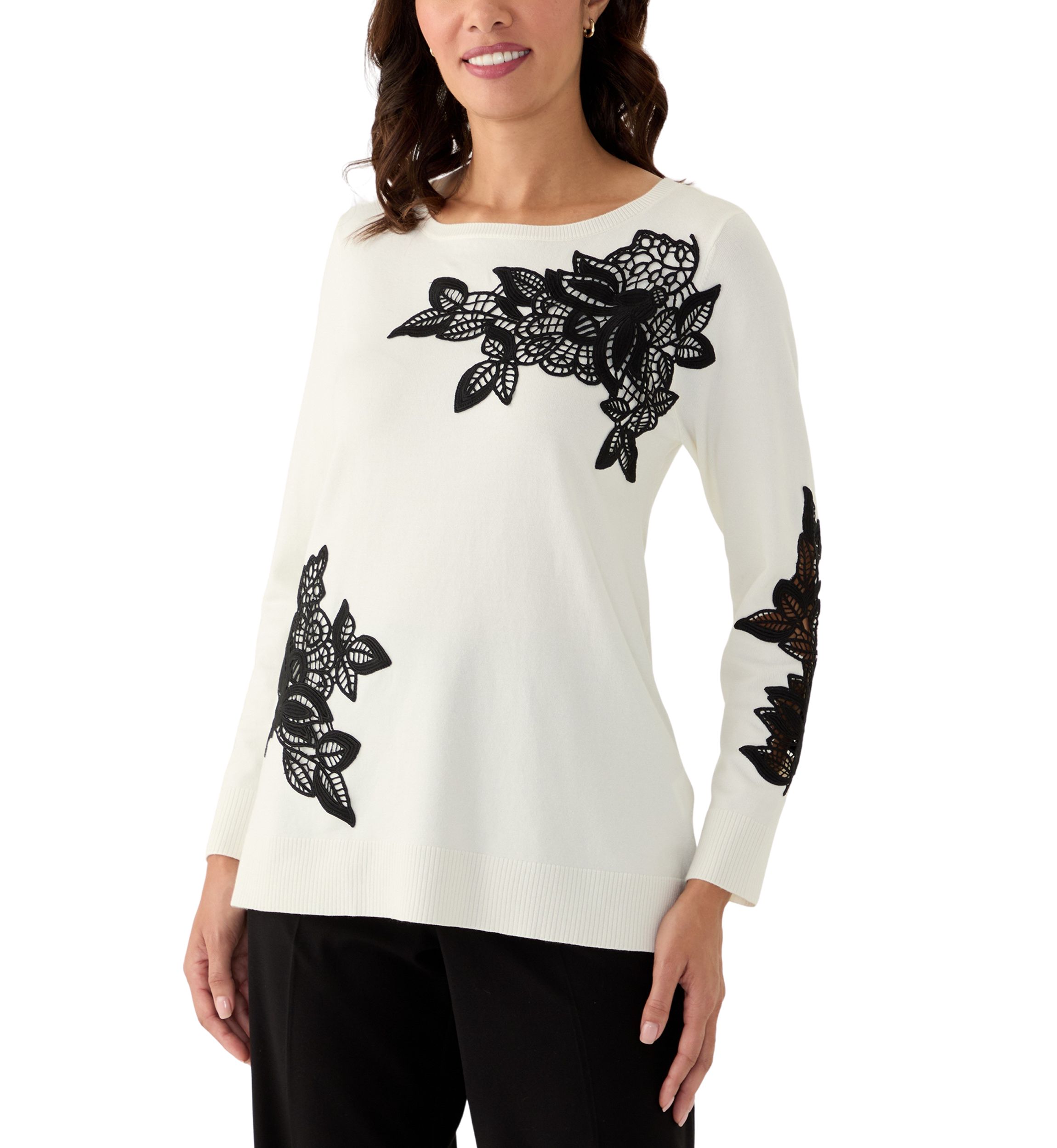 Womens Floral Lace Fine Gauge Sweater