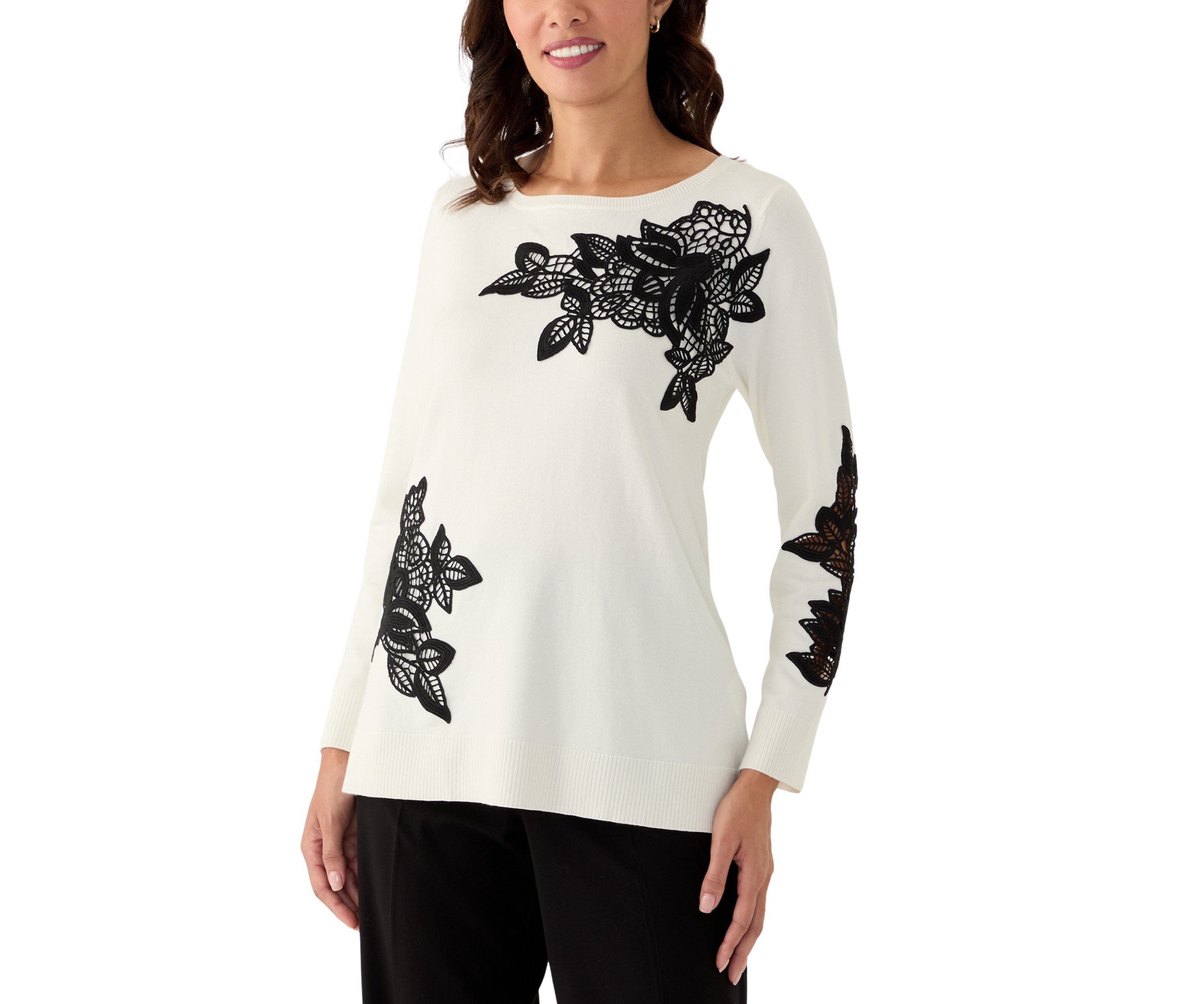 Womens Floral Lace Fine Gauge Sweater