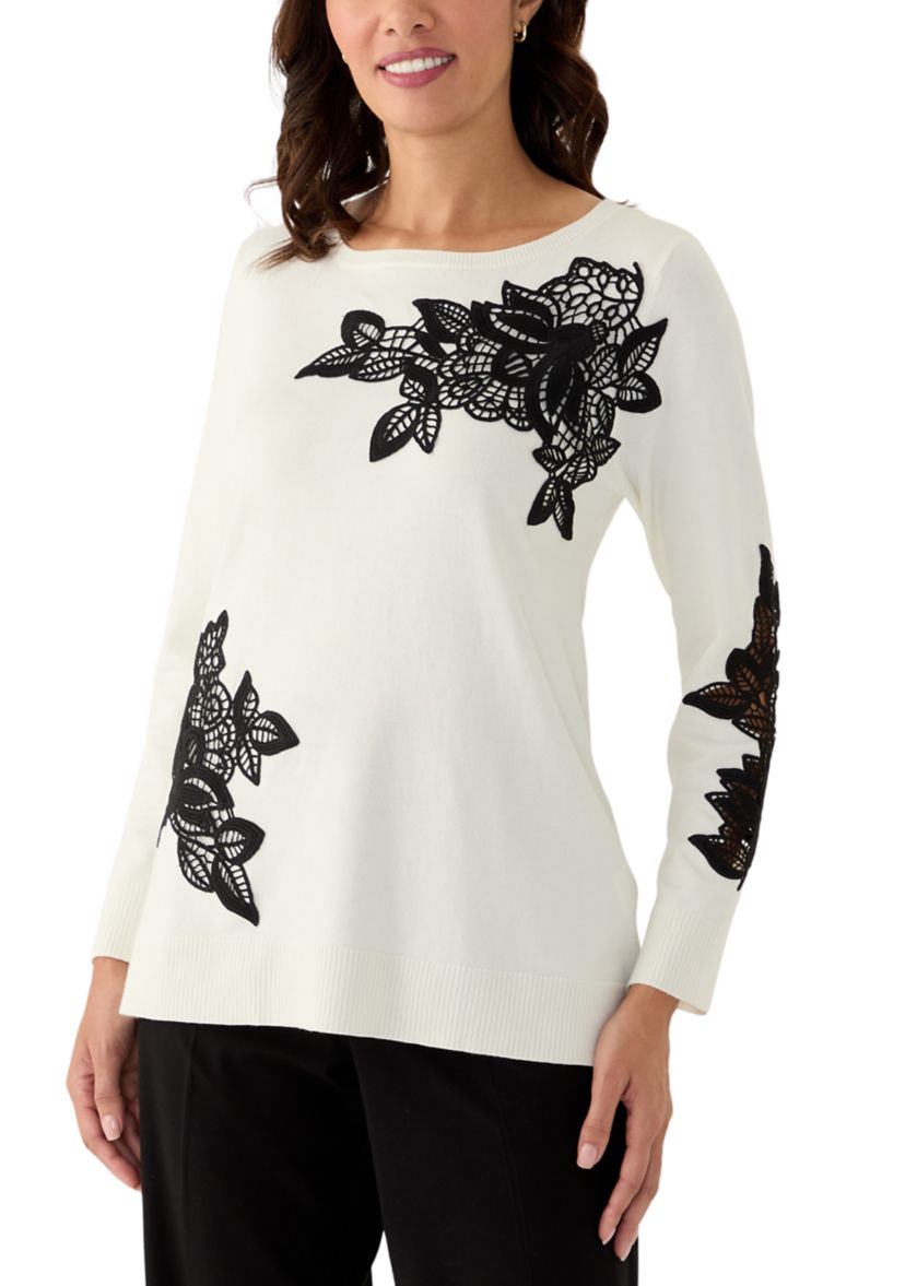 Womens Floral Lace Fine Gauge Sweater