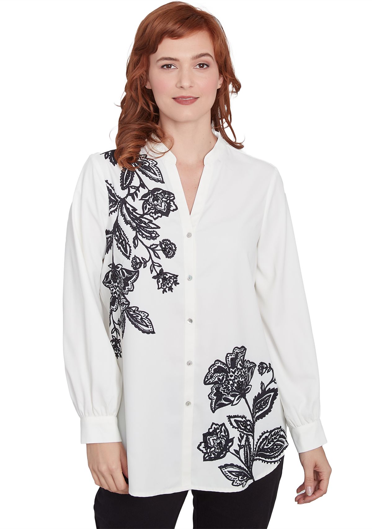 Plus Size Mandarin Collar Button Front Embellished Floral Placement Print Crepe Top with Long Sleeves