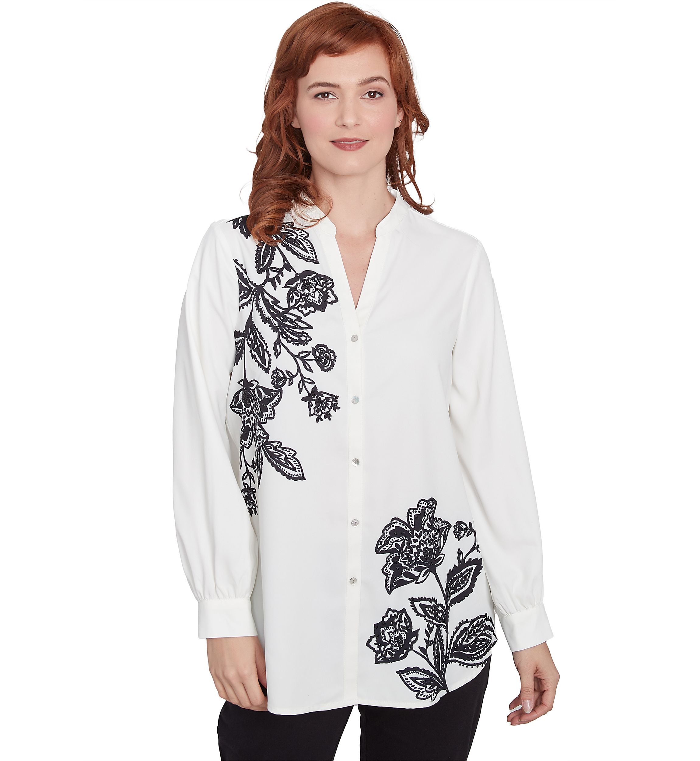 Plus Size Mandarin Collar Button Front Embellished Floral Placement Print Crepe Top with Long Sleeves