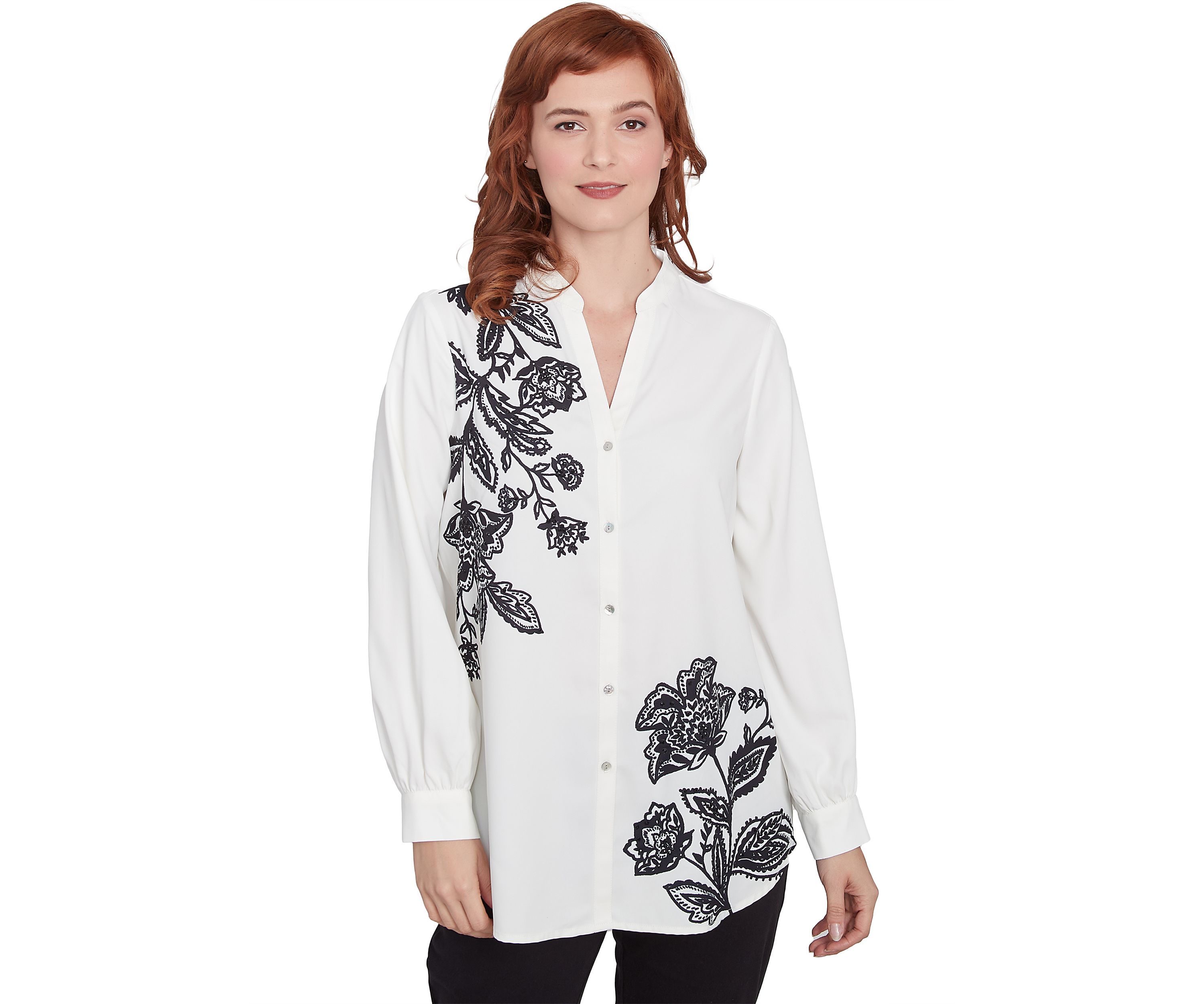 Plus Size Mandarin Collar Button Front Embellished Floral Placement Print Crepe Top with Long Sleeves