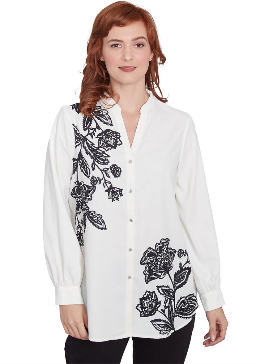 Plus Size Mandarin Collar Button Front Embellished Floral Placement Print Crepe Top with Long Sleeves