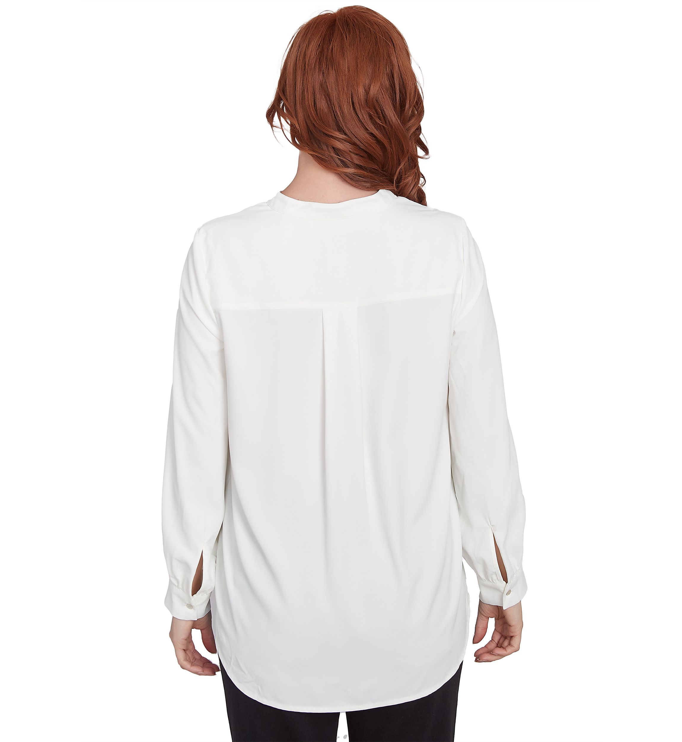 Plus Size Mandarin Collar Button Front Embellished Floral Placement Print Crepe Top with Long Sleeves