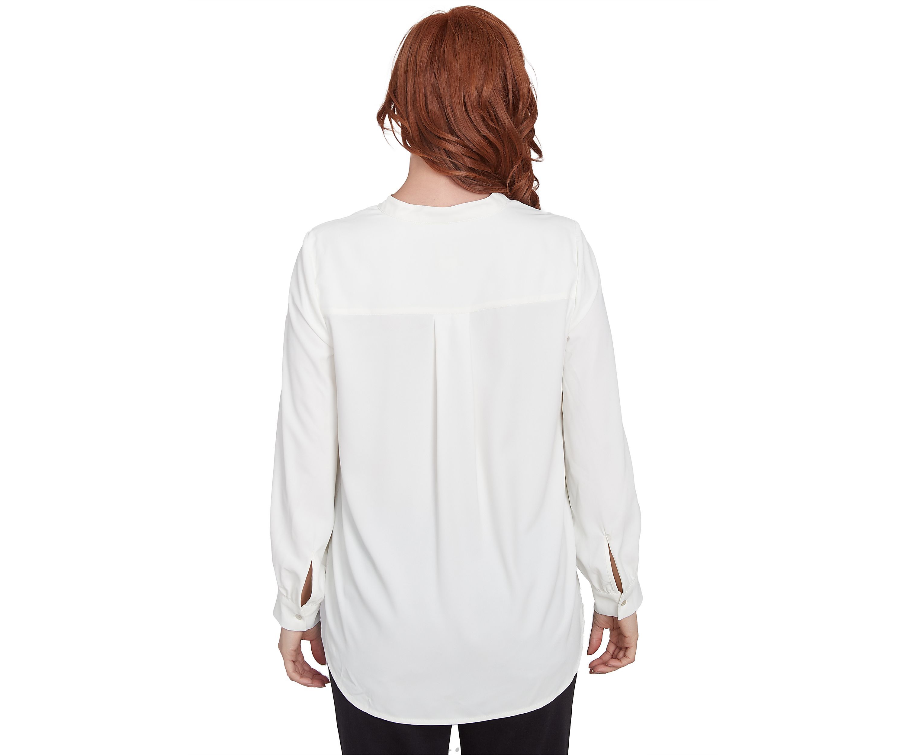 Plus Size Mandarin Collar Button Front Embellished Floral Placement Print Crepe Top with Long Sleeves