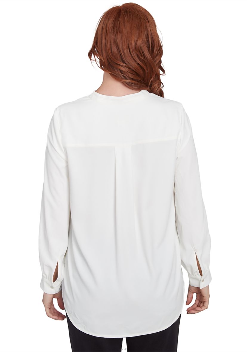 Plus Size Mandarin Collar Button Front Embellished Floral Placement Print Crepe Top with Long Sleeves