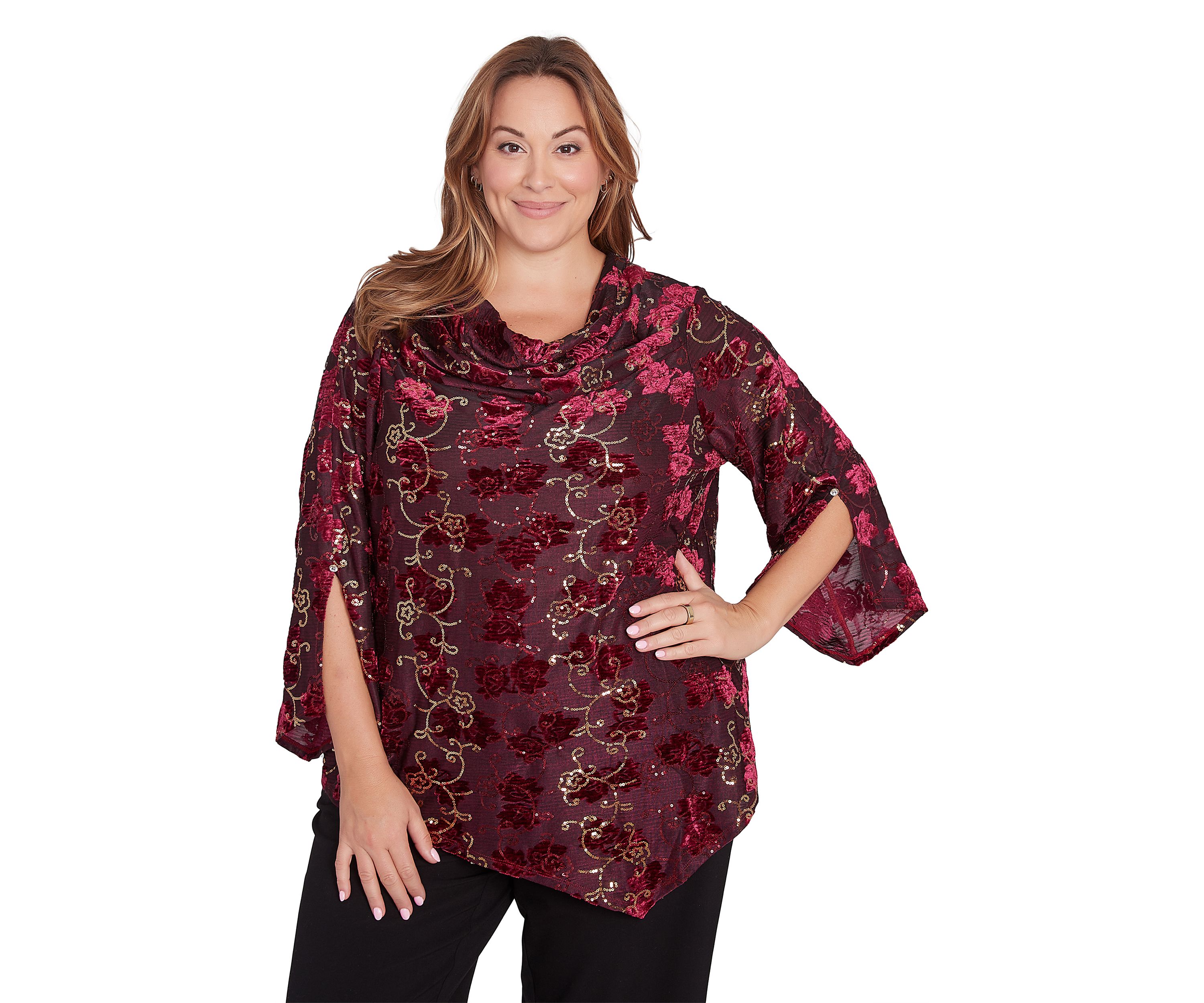 Plus Size Scooped Cowl Neck Sequin Velvet Floral Iridescent Top with Asymmetric Hem