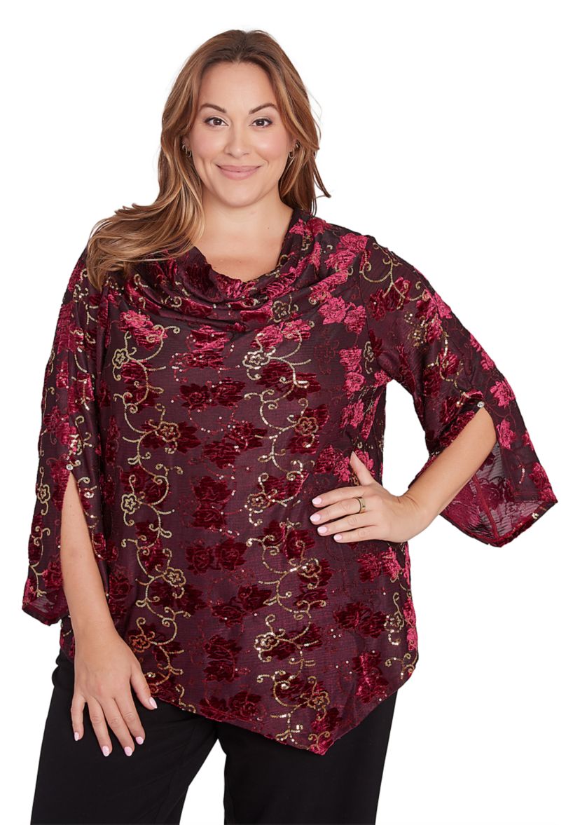 Plus Size Scooped Cowl Neck Sequin Velvet Floral Iridescent Top with Asymmetric Hem