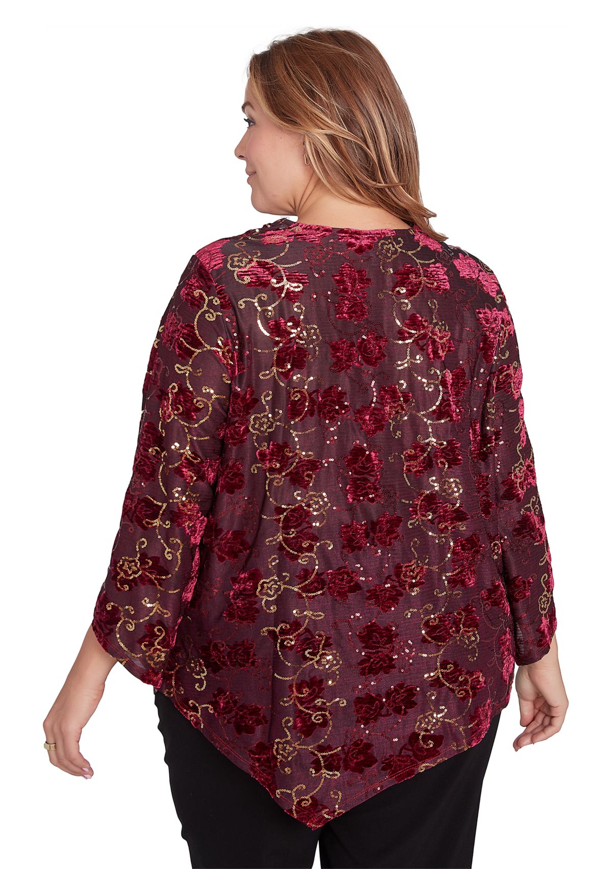 Plus Size Scooped Cowl Neck Sequin Velvet Floral Iridescent Top with Asymmetric Hem