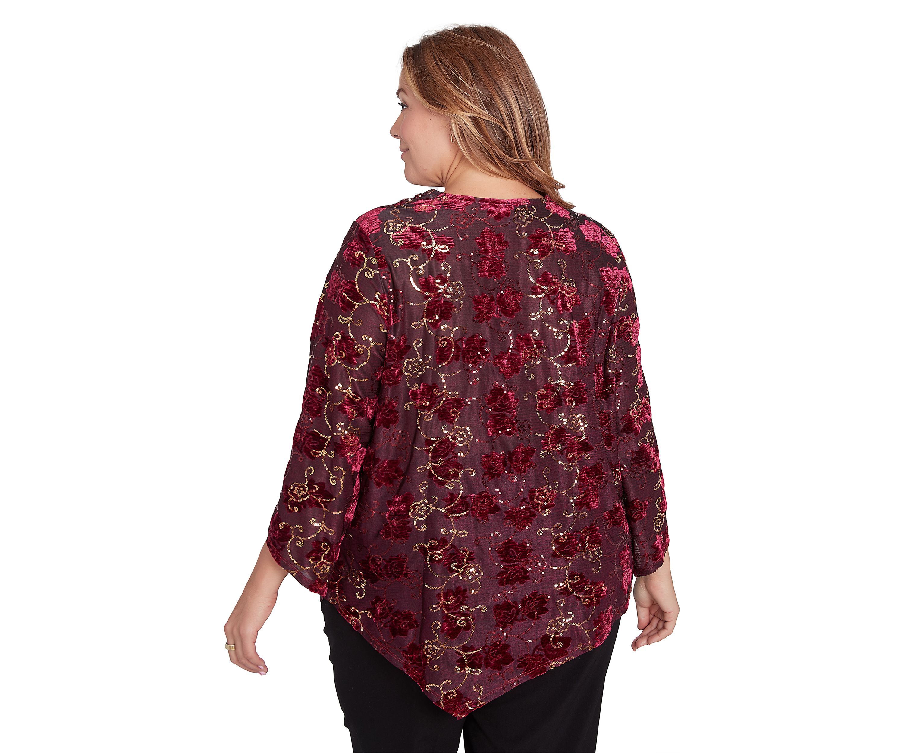 Plus Size Scooped Cowl Neck Sequin Velvet Floral Iridescent Top with Asymmetric Hem