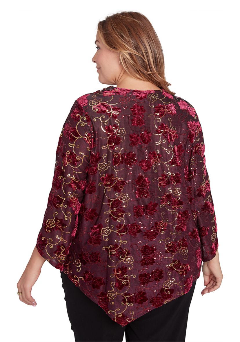 Plus Size Scooped Cowl Neck Sequin Velvet Floral Iridescent Top with Asymmetric Hem