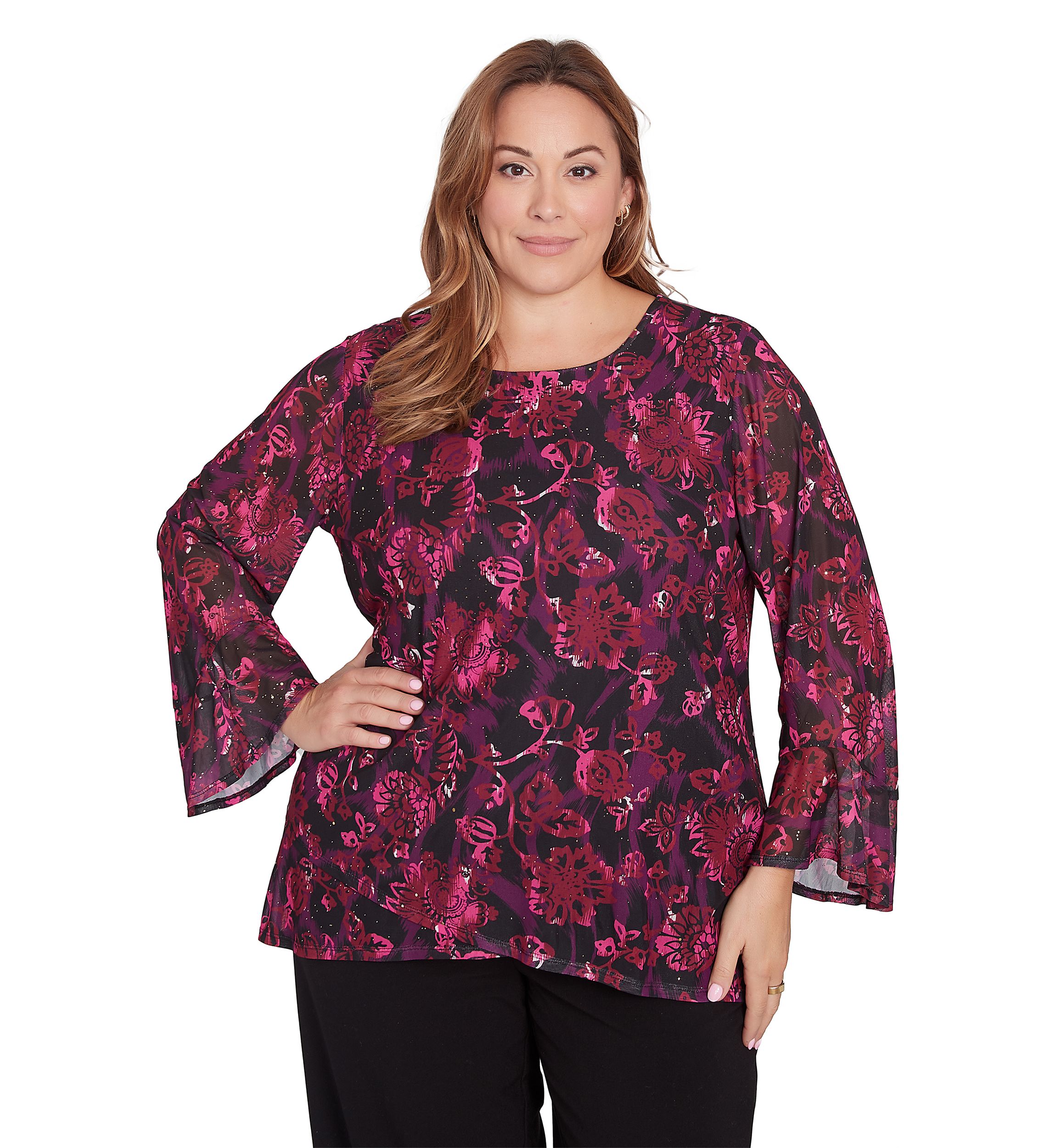 Plus Size Scoop Neck Floral Printed Mesh Top with Bell Sleeves