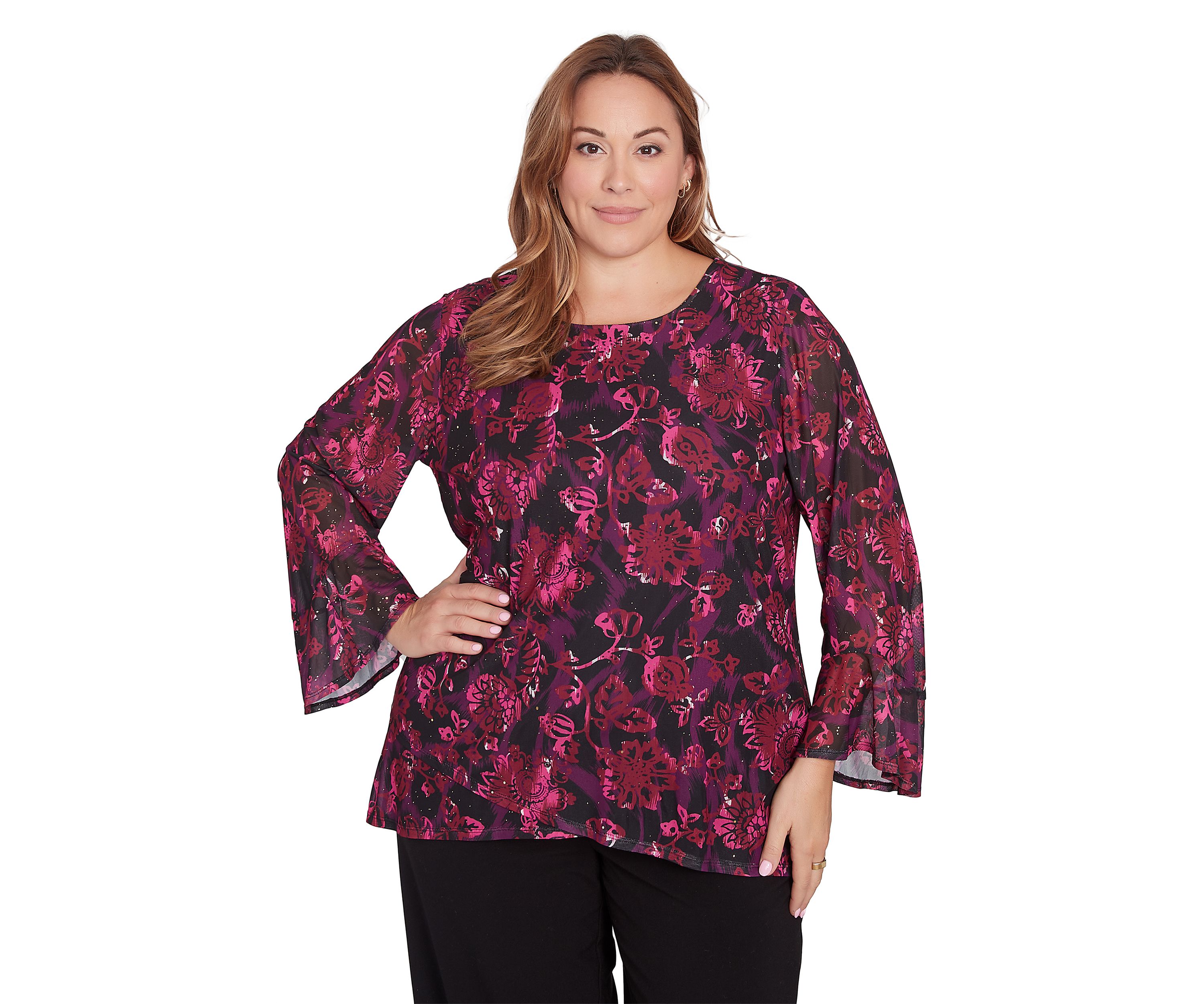 Plus Size Scoop Neck Floral Printed Mesh Top with Bell Sleeves