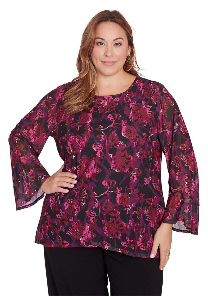 Plus Size Scoop Neck Floral Printed Mesh Top with Bell Sleeves