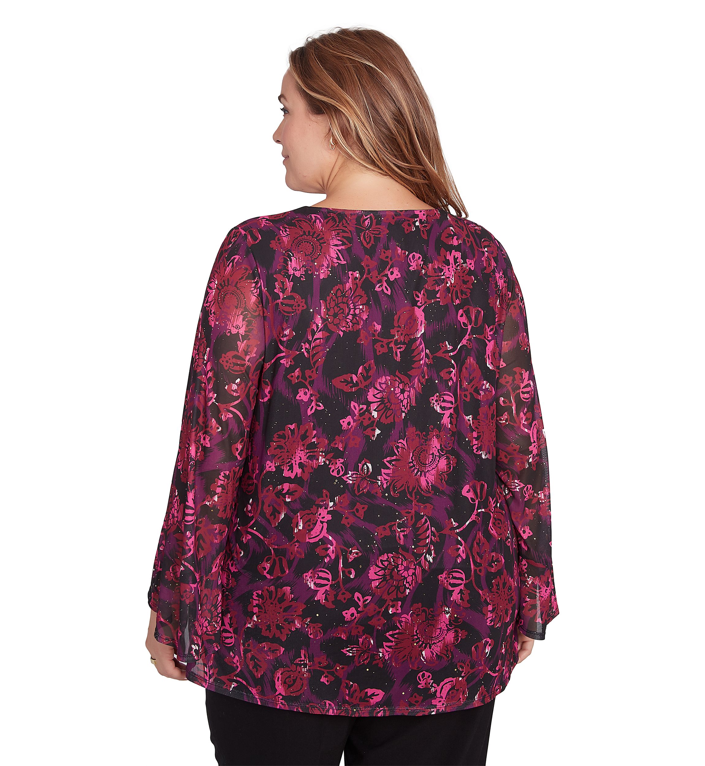 Plus Size Scoop Neck Floral Printed Mesh Top with Bell Sleeves