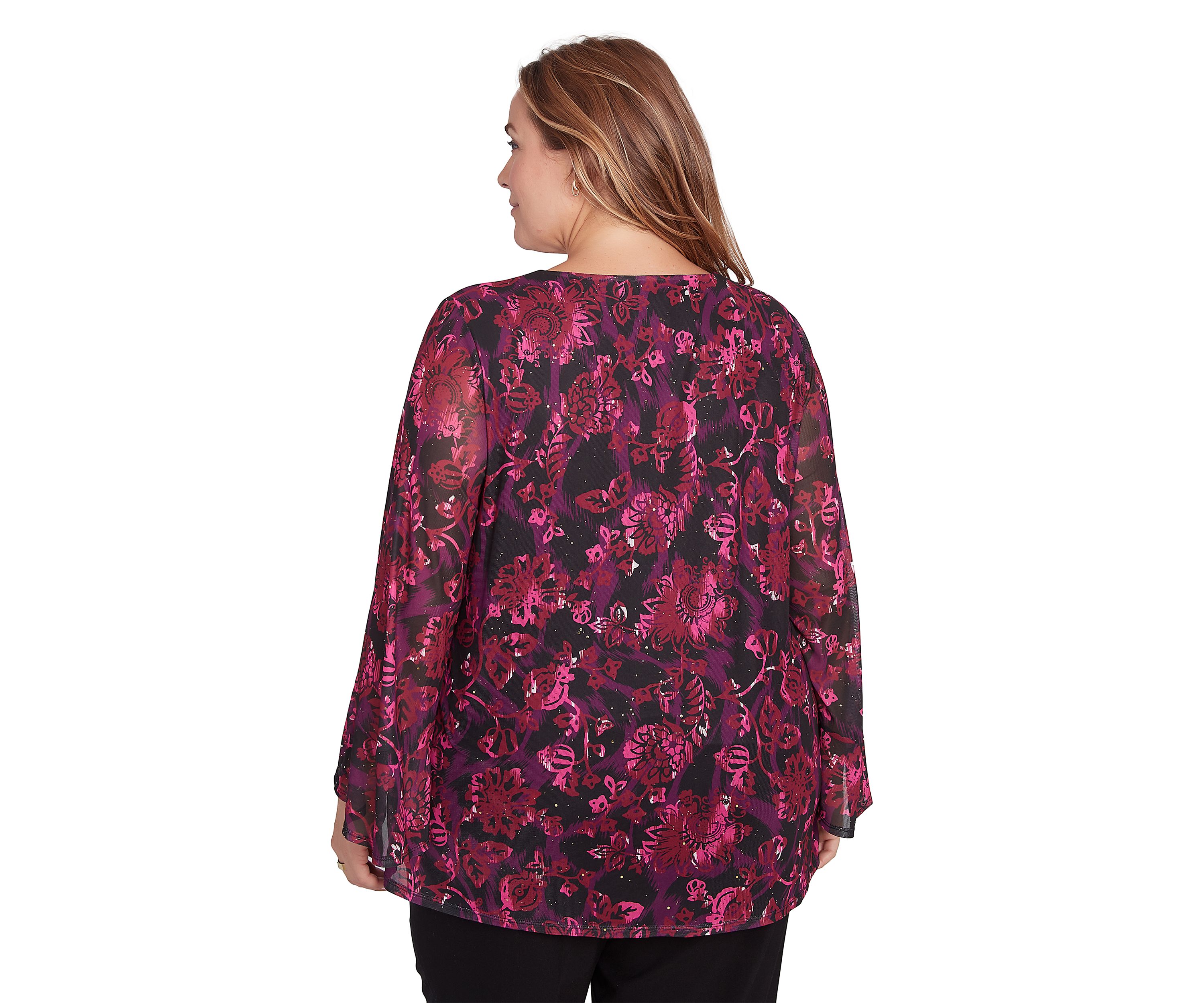 Plus Size Scoop Neck Floral Printed Mesh Top with Bell Sleeves