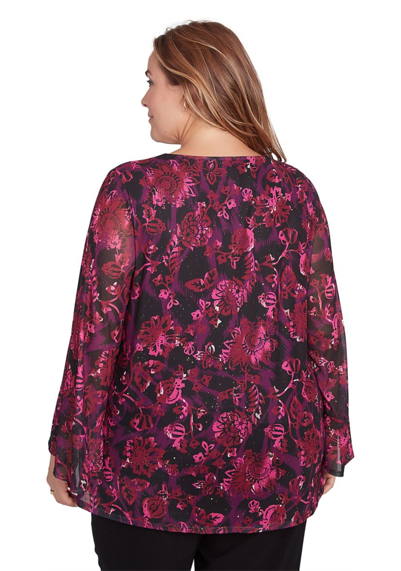 Plus Size Scoop Neck Floral Printed Mesh Top with Bell Sleeves