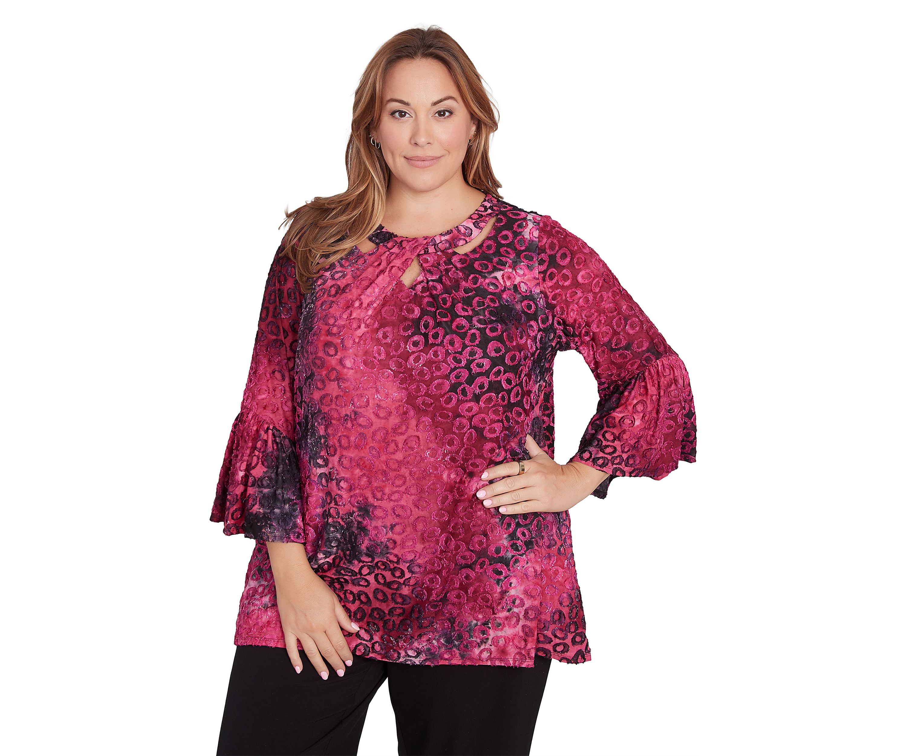 Plus Size Scoop Neck with Criss Cross Tie Dye Spots Jacquard Knit Shark Bite Top