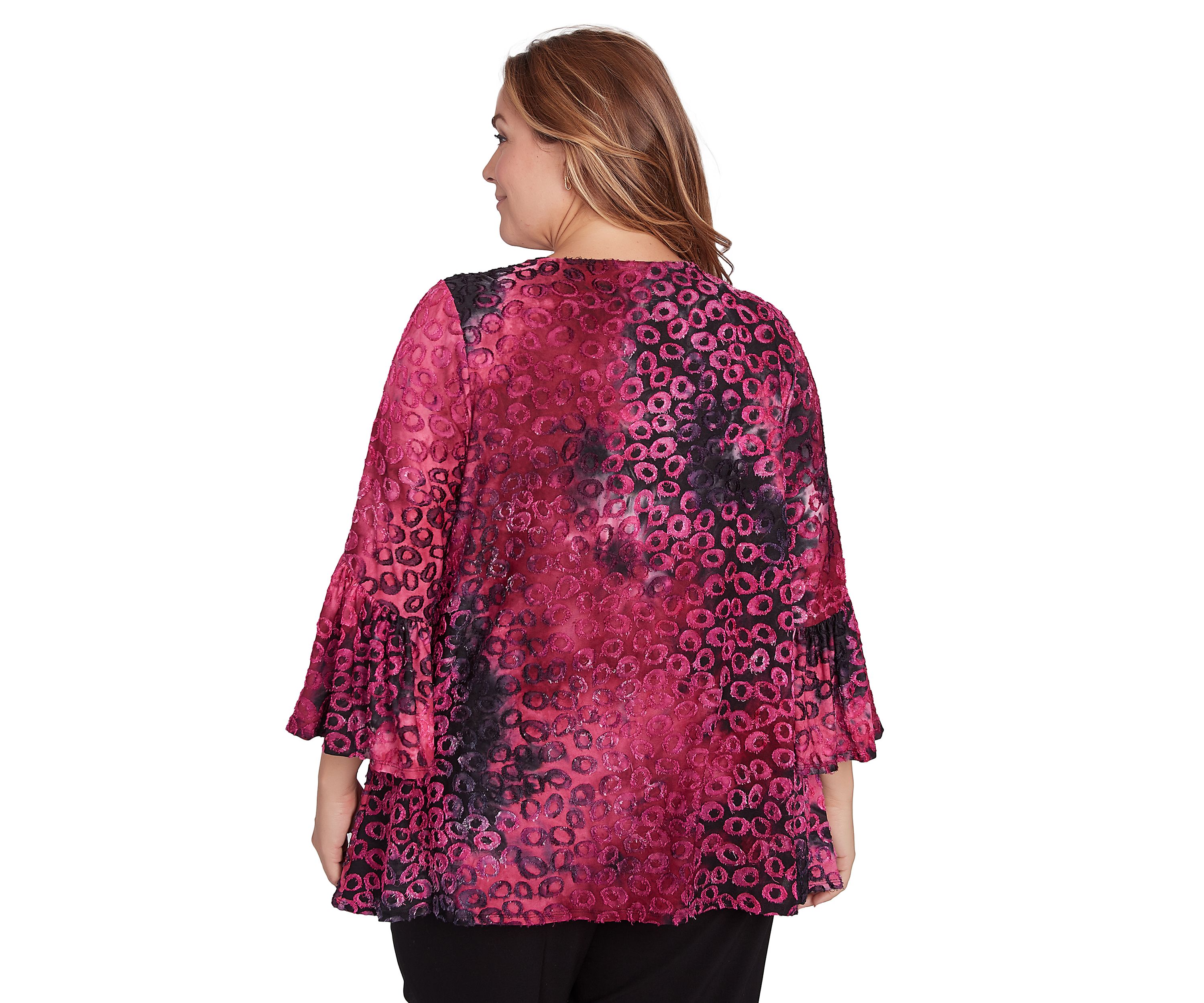 Plus Size Scoop Neck with Criss Cross Tie Dye Spots Jacquard Knit Shark Bite Top