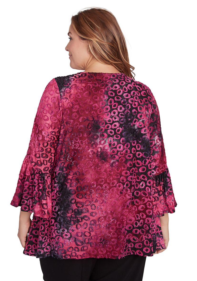 Plus Size Scoop Neck with Criss Cross Tie Dye Spots Jacquard Knit Shark Bite Top