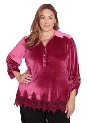 Ruby Rd Women's Plus Size Shirt Collar Stretch Velvet Top with Lace Trim Detail and Three Quarter Ruched Sleeves