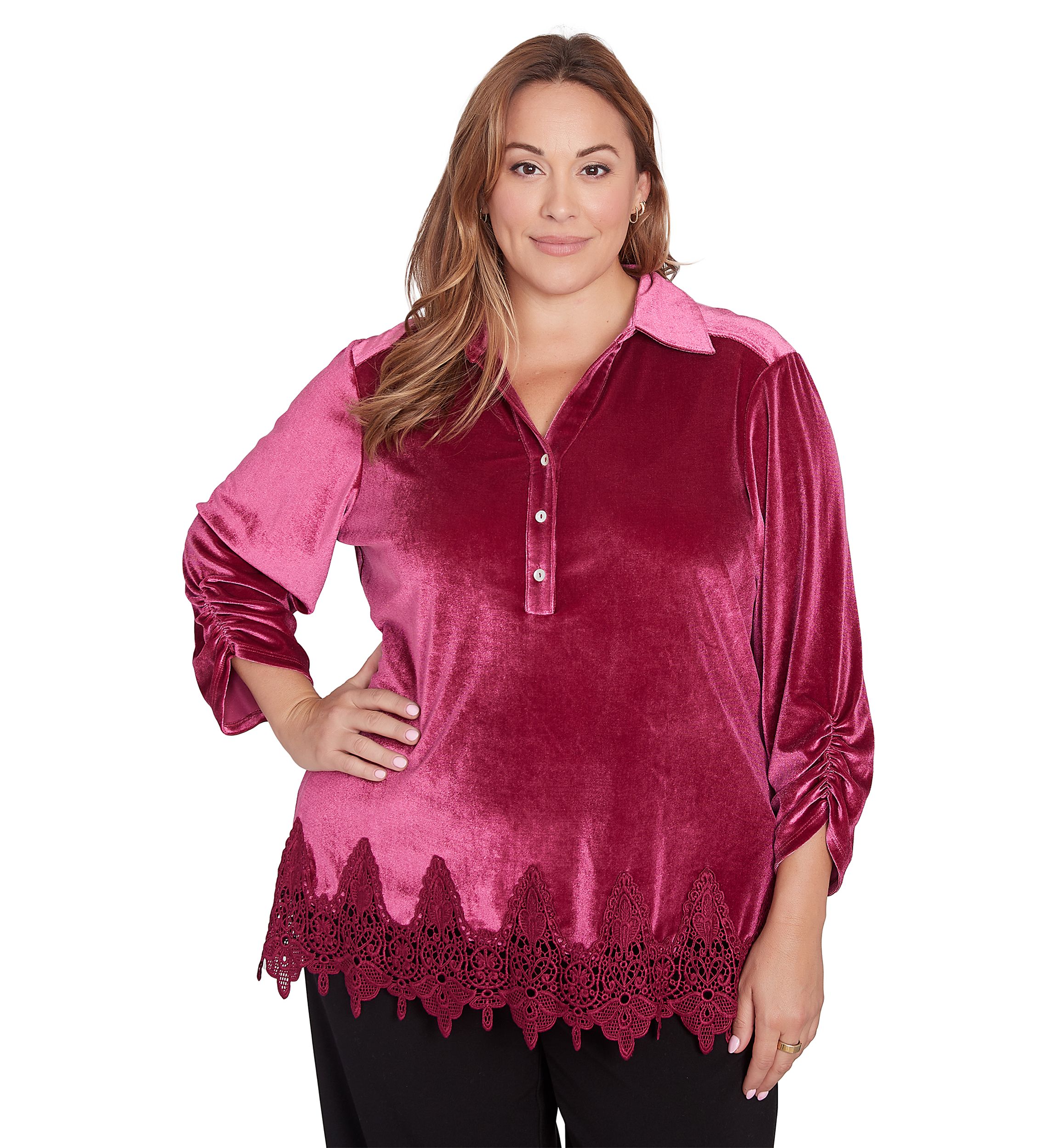 Plus Size Shirt Collar Stretch Velvet Top with Lace Trim Detail and Three Quarter Ruched Sleeves