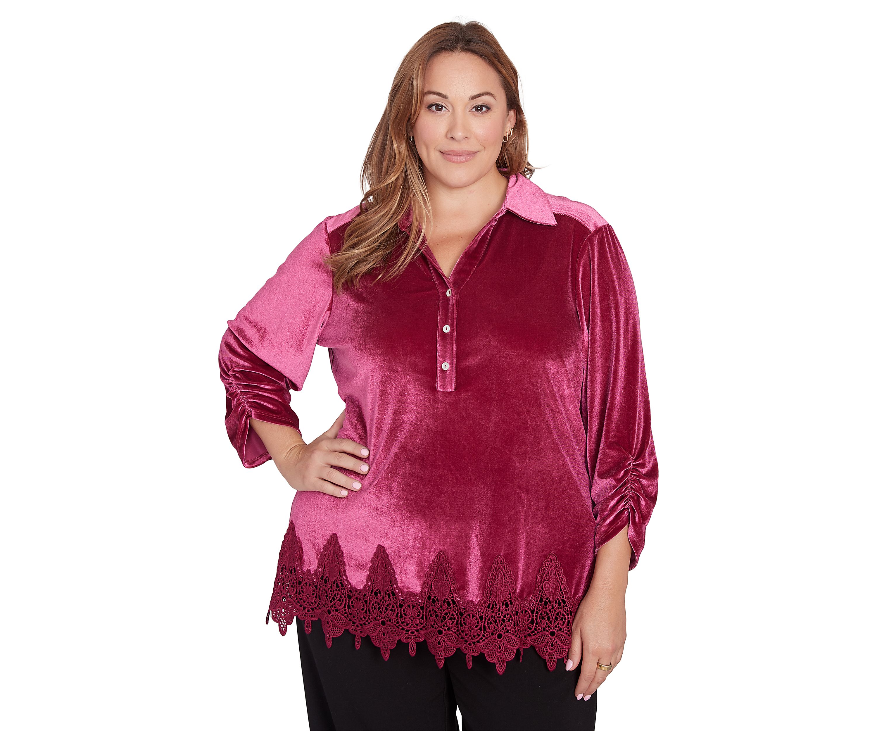 Plus Size Shirt Collar Stretch Velvet Top with Lace Trim Detail and Three Quarter Ruched Sleeves