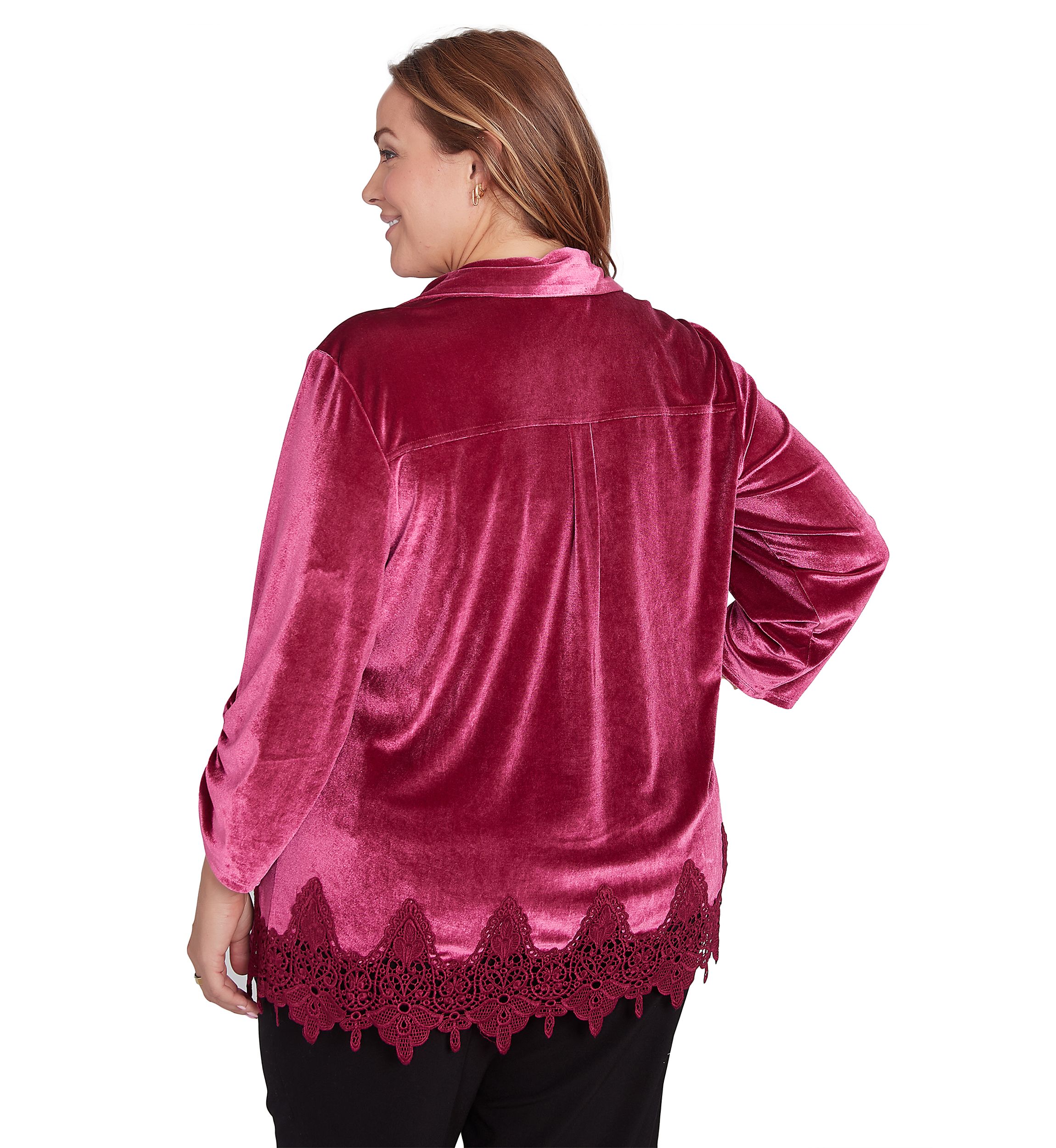 Plus Size Shirt Collar Stretch Velvet Top with Lace Trim Detail and Three Quarter Ruched Sleeves
