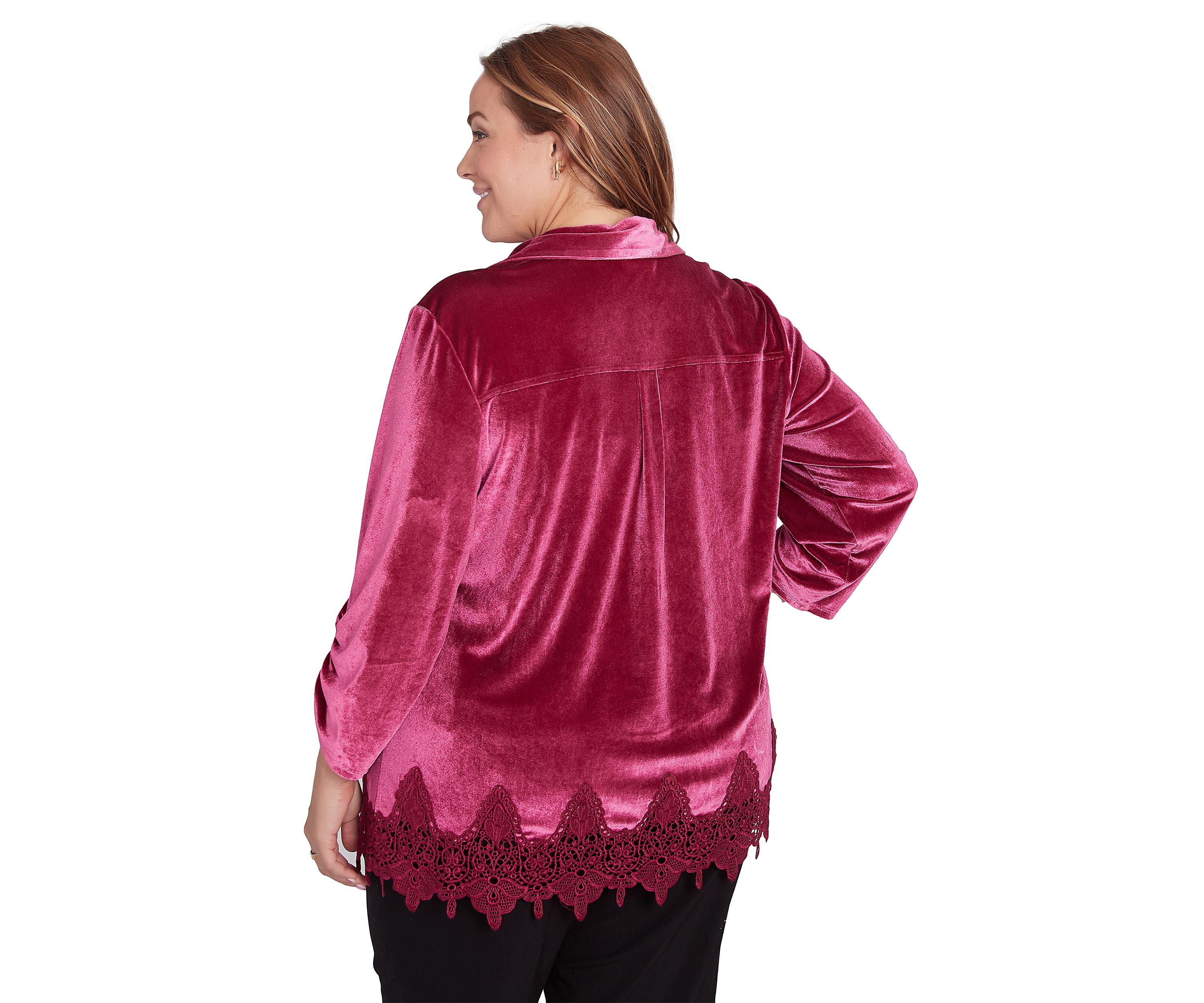 Plus Size Shirt Collar Stretch Velvet Top with Lace Trim Detail and Three Quarter Ruched Sleeves