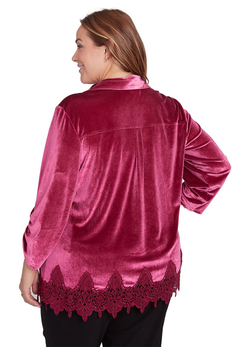 Plus Size Shirt Collar Stretch Velvet Top with Lace Trim Detail and Three Quarter Ruched Sleeves