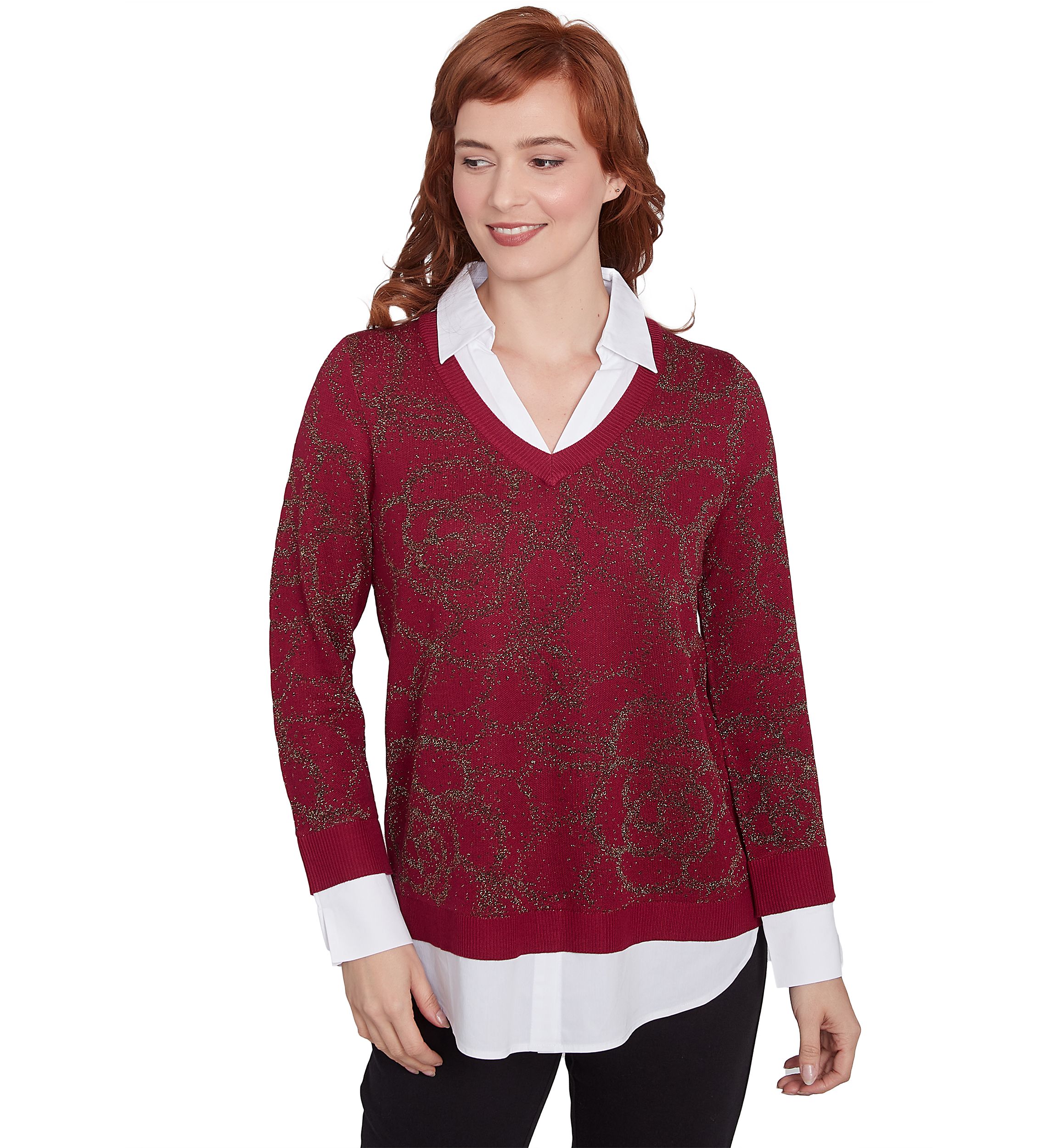 Plus Size Floral Metallic Jacquard Sweater with Poplin Shirting TwoFer Top