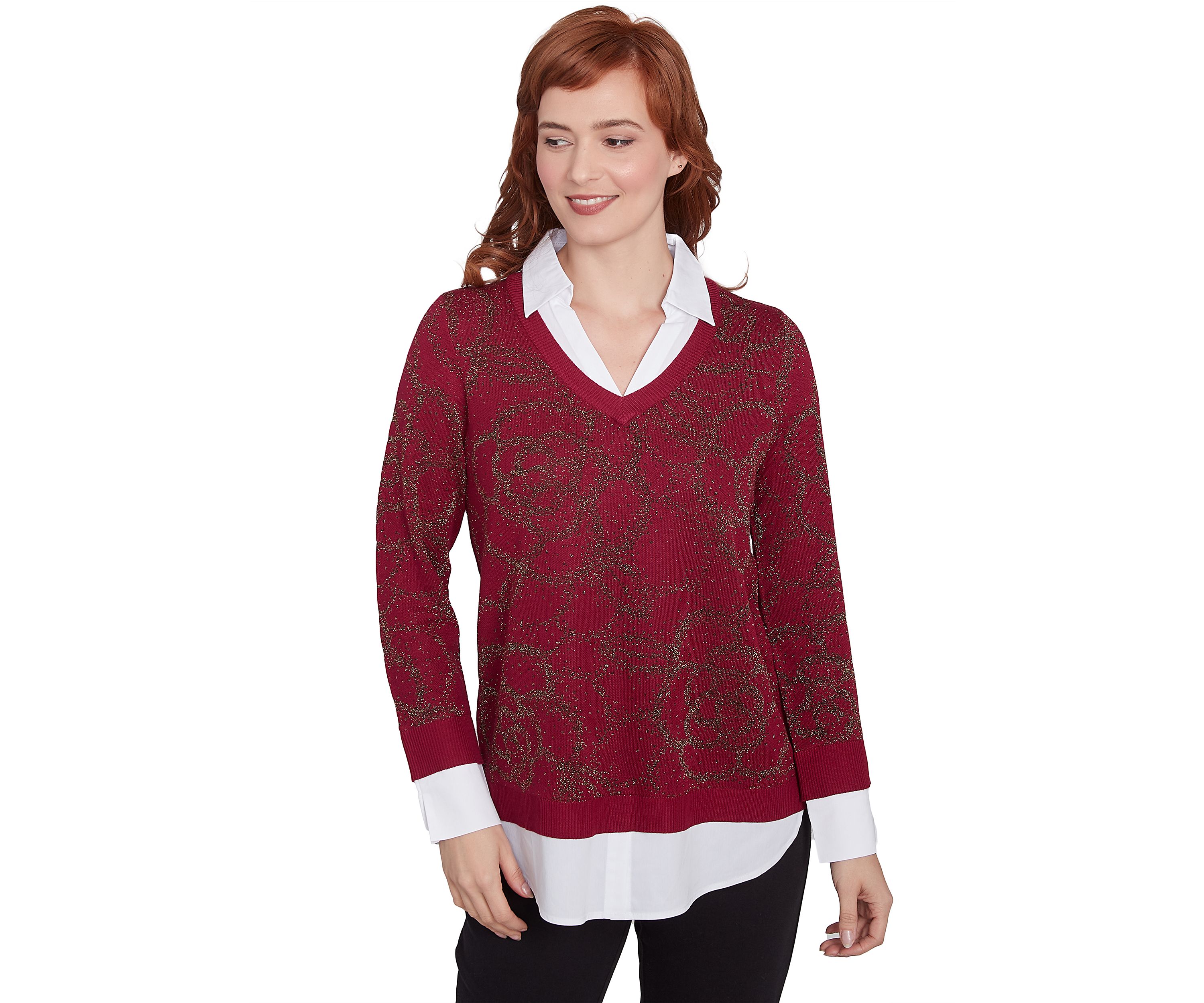 Plus Size Floral Metallic Jacquard Sweater with Poplin Shirting TwoFer Top