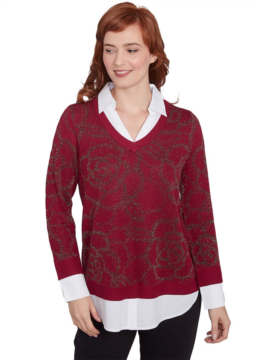 Plus Size Floral Metallic Jacquard Sweater with Poplin Shirting TwoFer Top