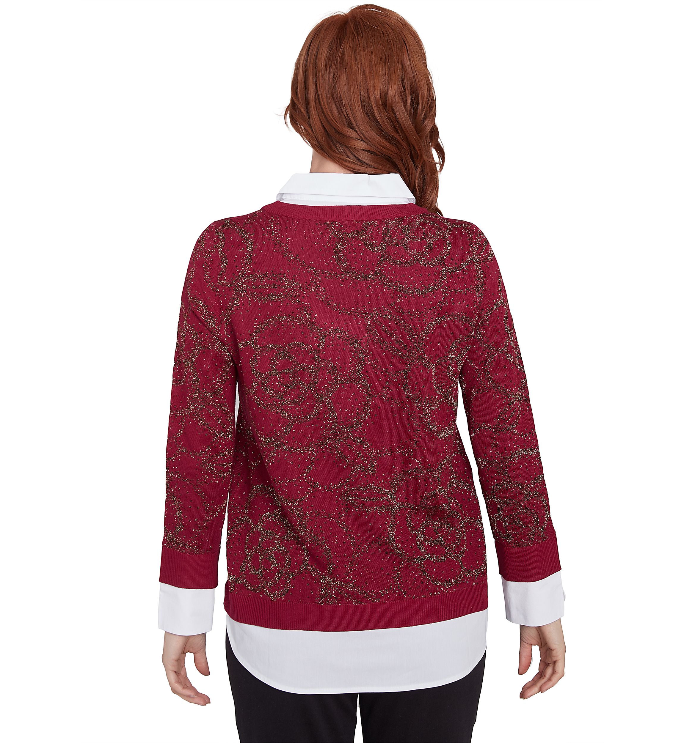 Plus Size Floral Metallic Jacquard Sweater with Poplin Shirting TwoFer Top