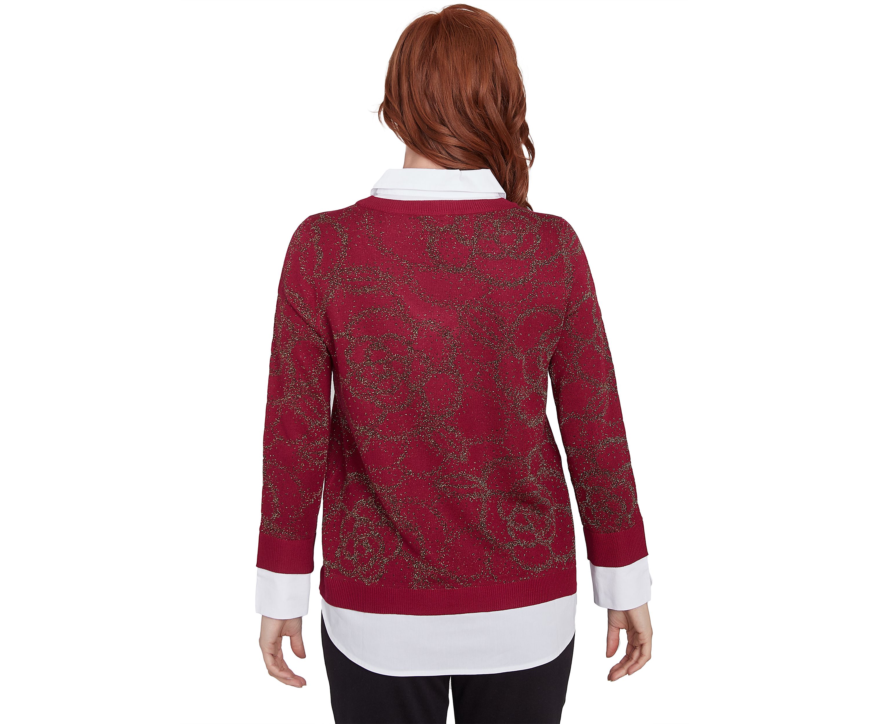Plus Size Floral Metallic Jacquard Sweater with Poplin Shirting TwoFer Top
