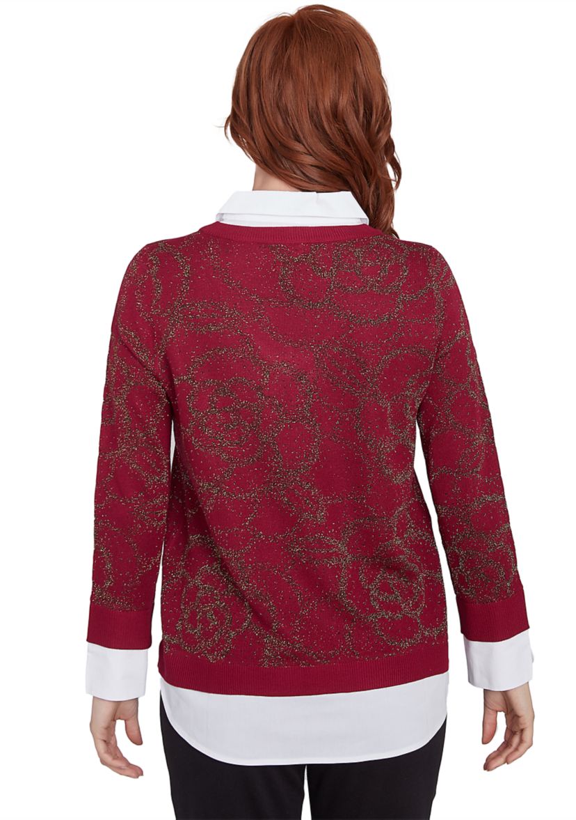 Plus Size Floral Metallic Jacquard Sweater with Poplin Shirting TwoFer Top