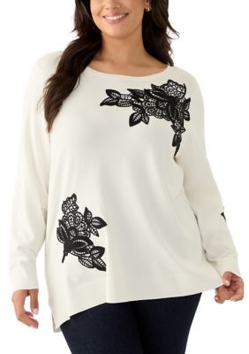 Ruby Rd Women's Plus Size Scoop Neck Fine Gauge Pull Over Sweater with Floral Lace Applique, Ivory, 3X