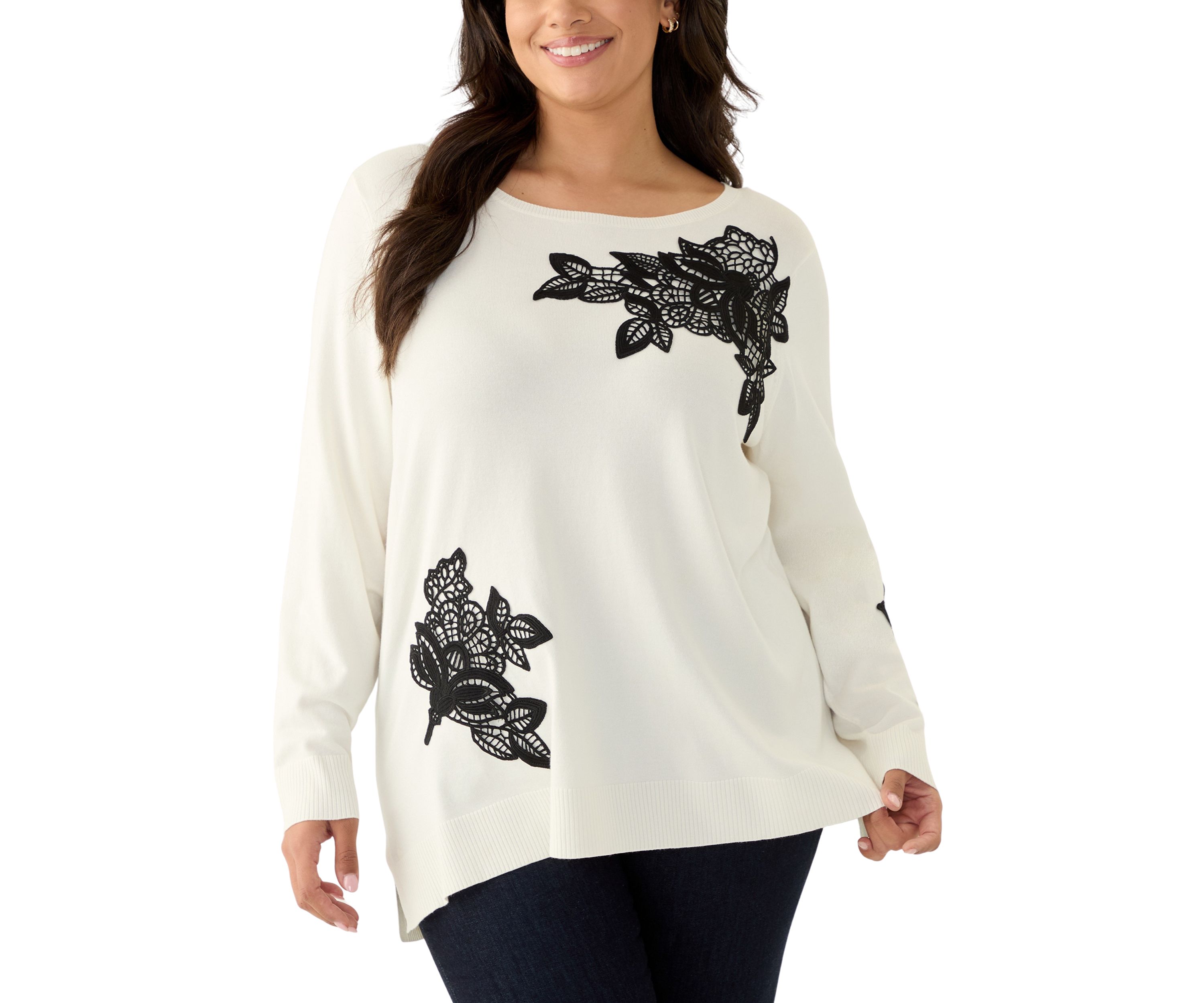 Plus Size Scoop Neck Fine Gauge Pull Over Sweater with Floral Lace Applique
