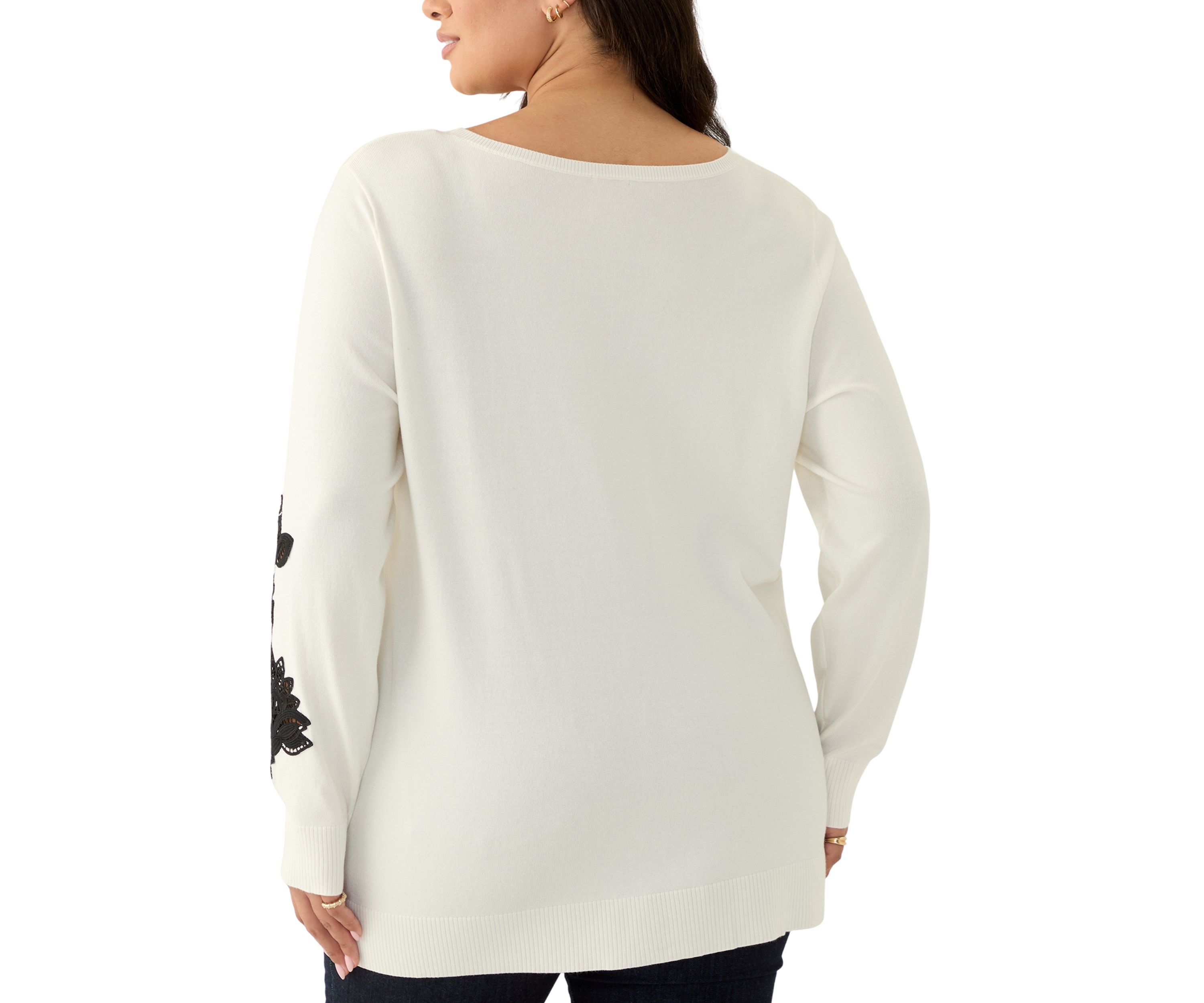 Plus Size Scoop Neck Fine Gauge Pull Over Sweater with Floral Lace Applique