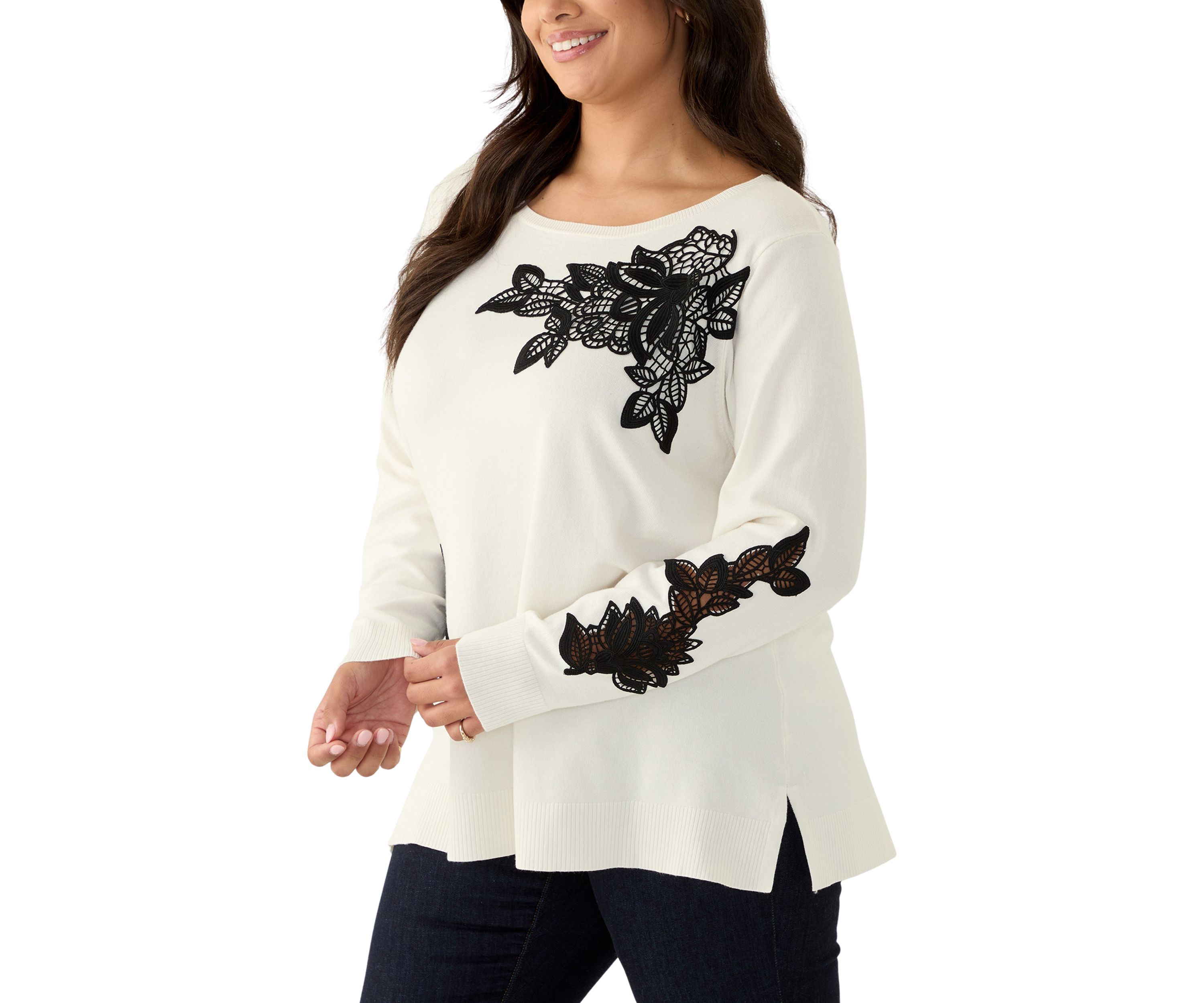 Plus Size Scoop Neck Fine Gauge Pull Over Sweater with Floral Lace Applique