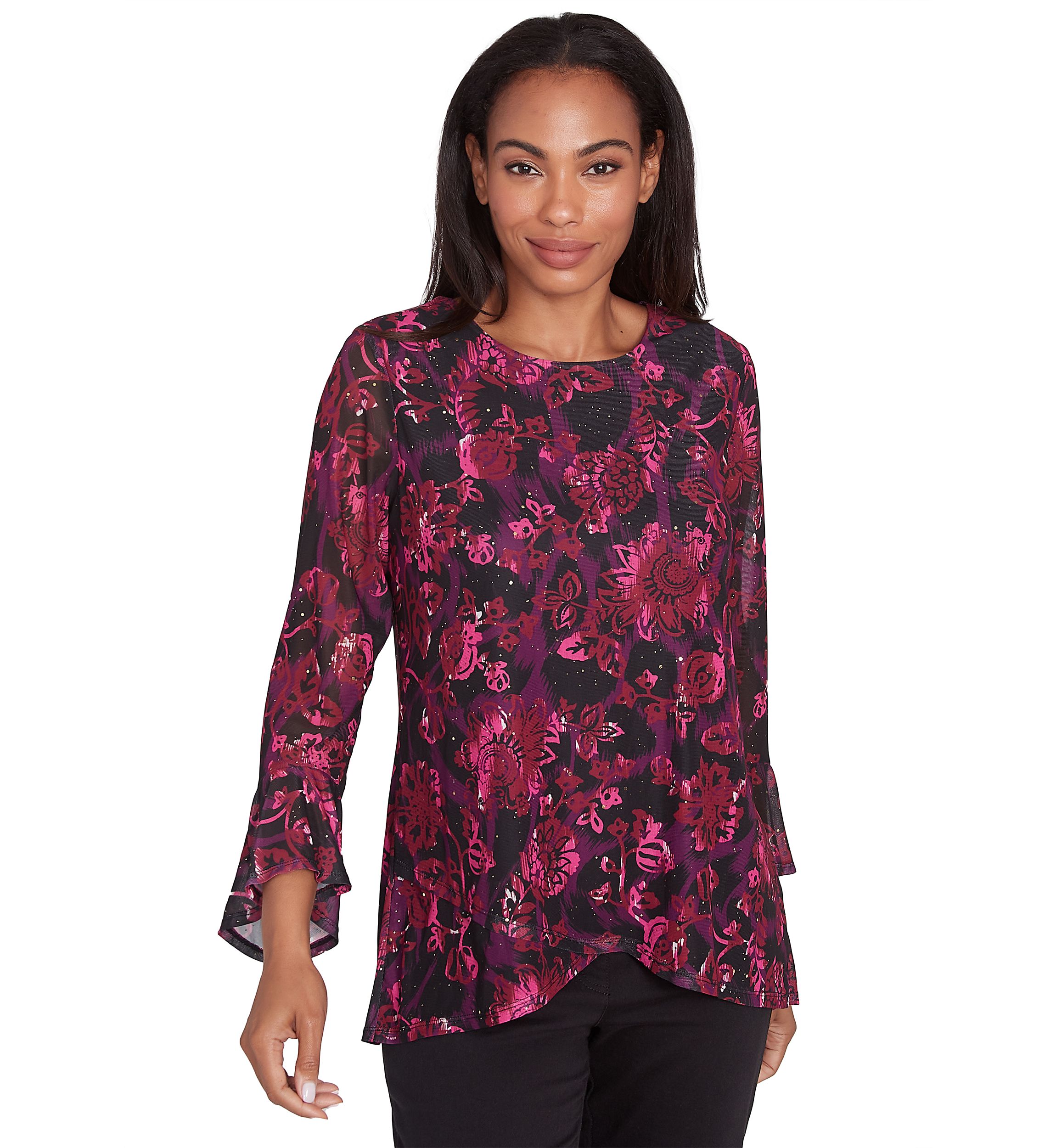Petite Scoop Neck Floral Printed Mesh Top with Flounce Sleeves