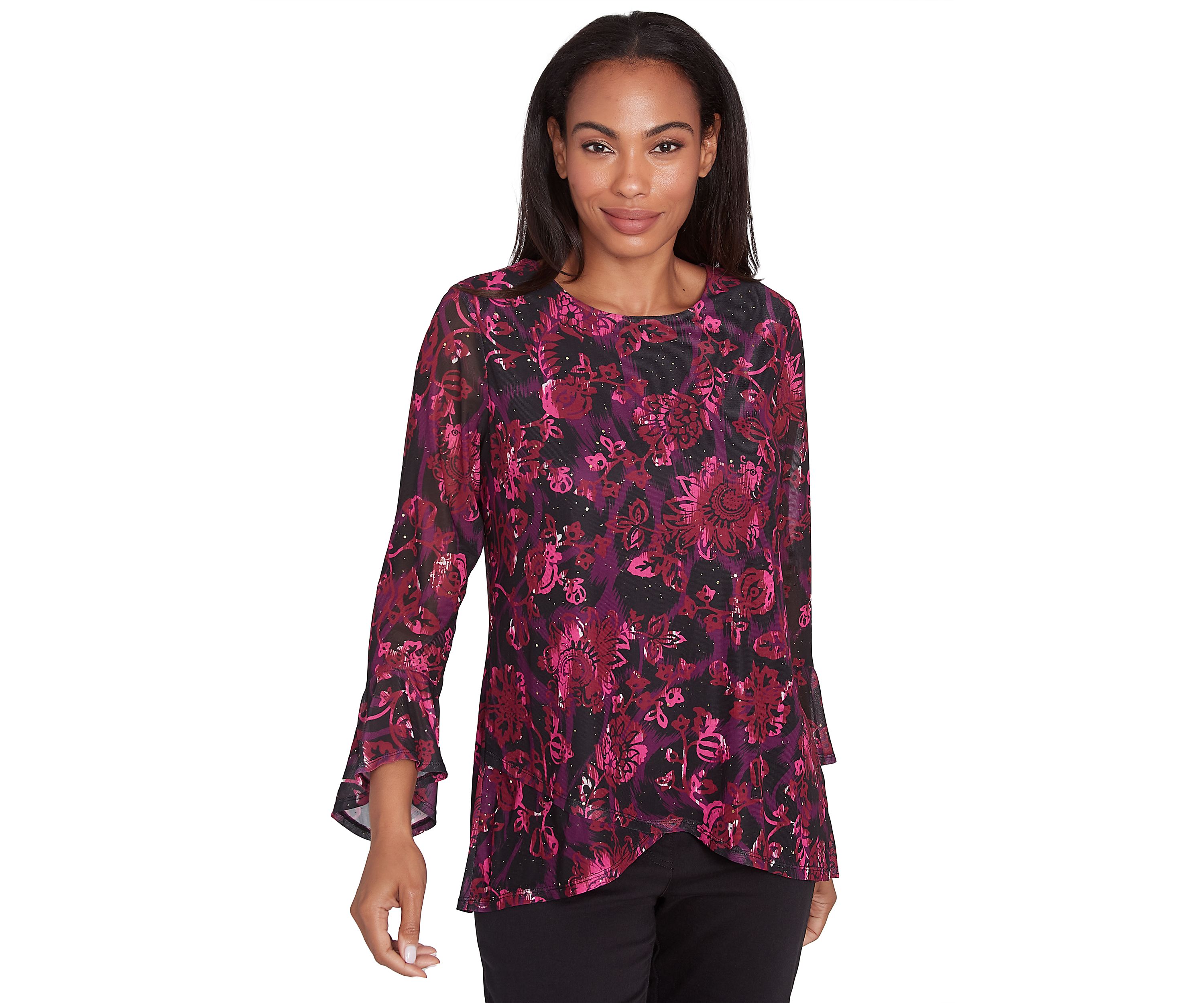 Petite Scoop Neck Floral Printed Mesh Top with Flounce Sleeves
