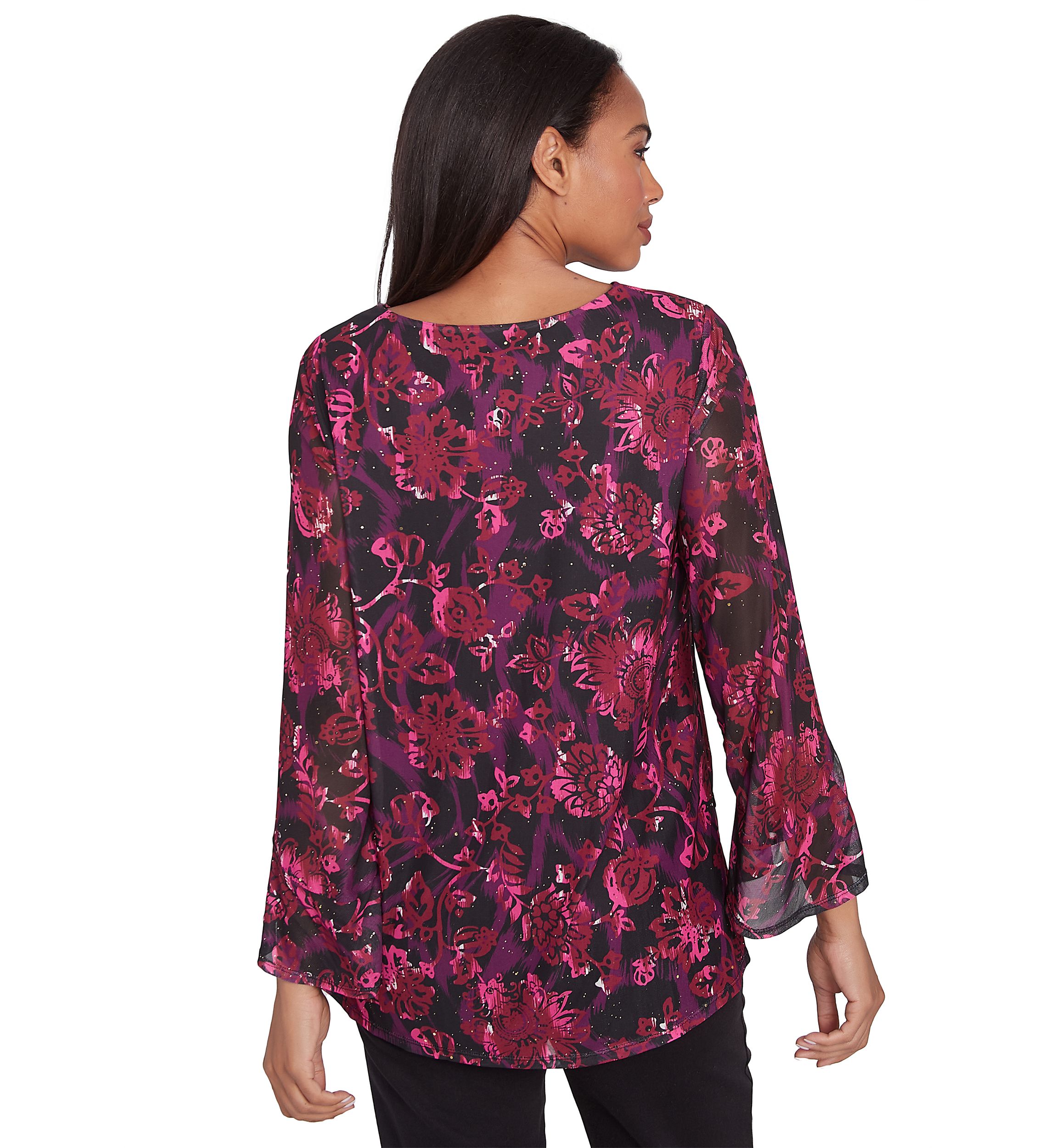 Petite Scoop Neck Floral Printed Mesh Top with Flounce Sleeves