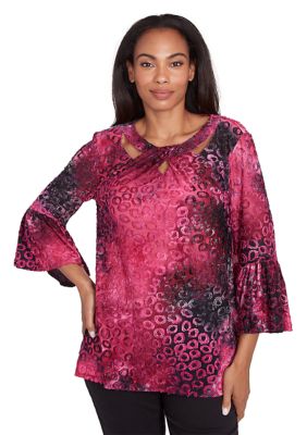 Ruby Rd Women's Petite Scoop Neck With Criss Cross Tie Dye Spots Jacquard Knit Sharkbite Top